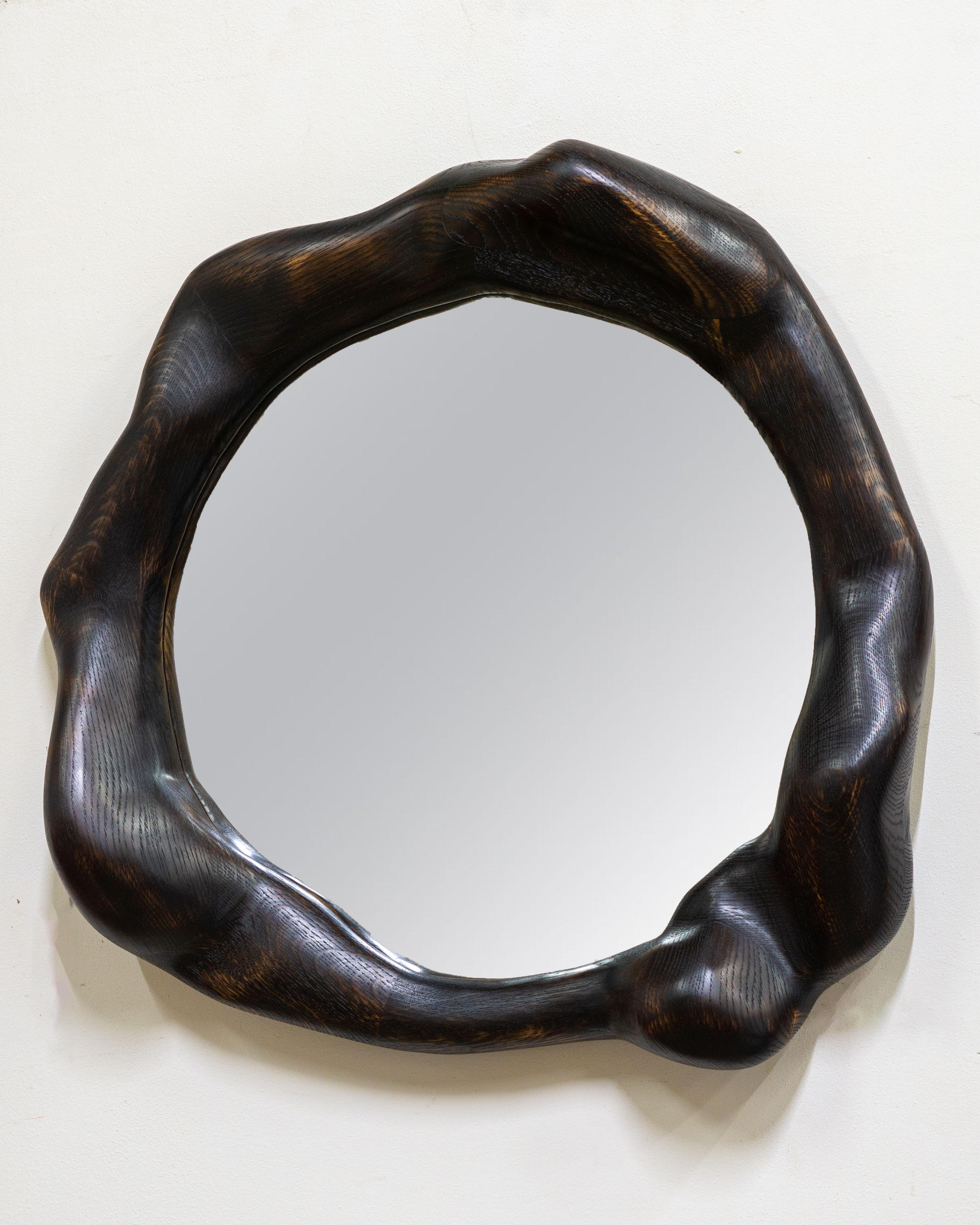 Woodwork Sculptural Mirror in Charred Oak For Sale