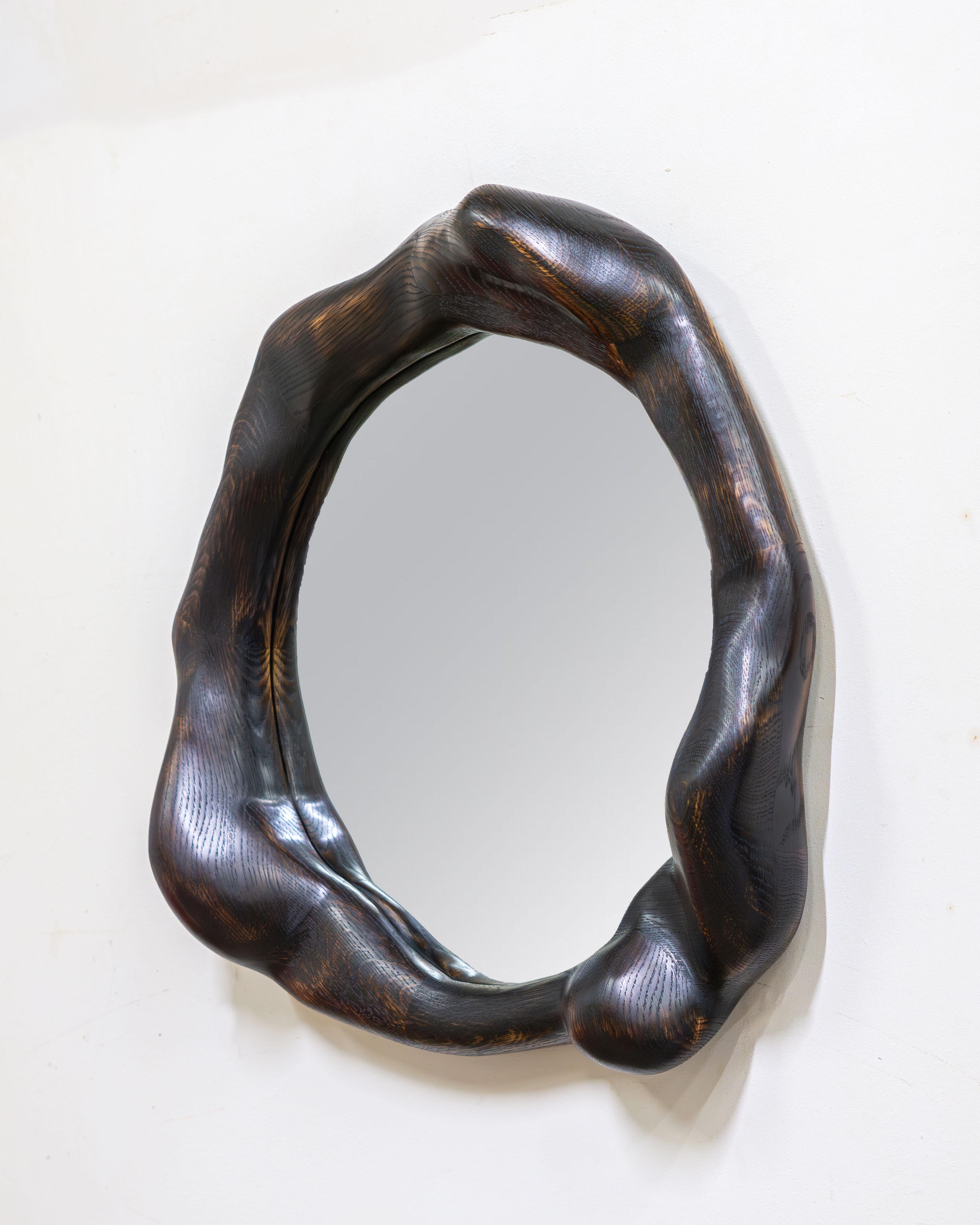 Contemporary Sculptural Mirror in Charred Oak For Sale