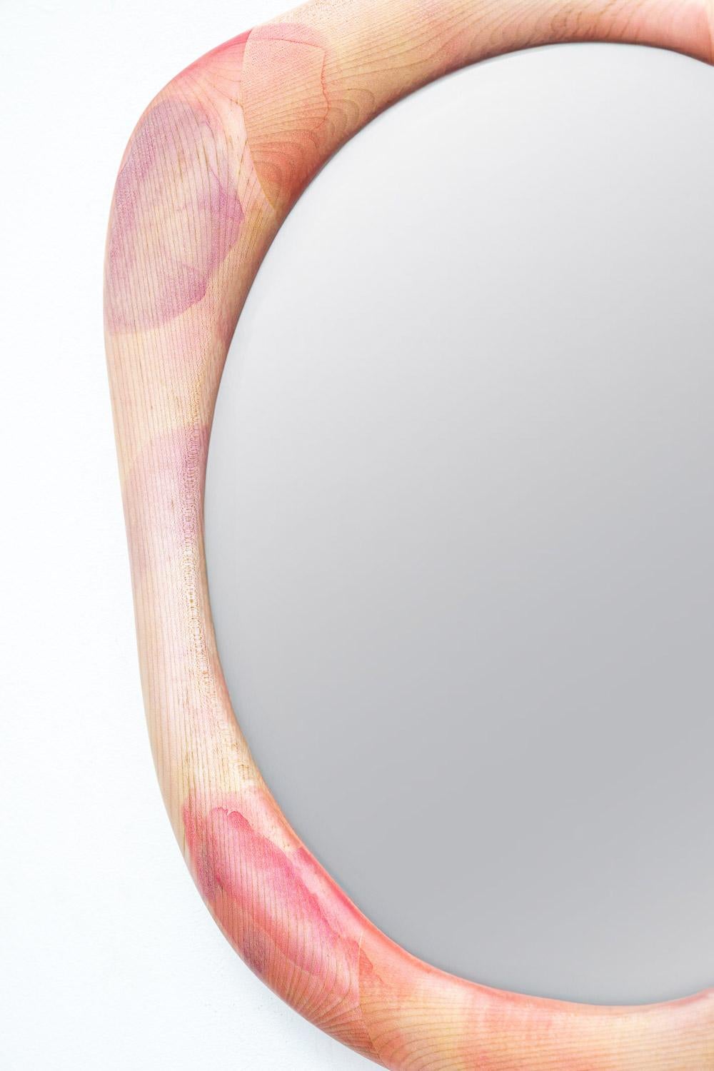 The frame of the crystal mirror is made of maple wood and shaped using various hand tools, making each piece unique in shape. The mirrorframe is handpainted with wood stain colors.

This piece is made to order, so there may be variations from the