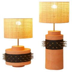 Sculptural Modern Brutalist Terracotta Punk Table lamp Set