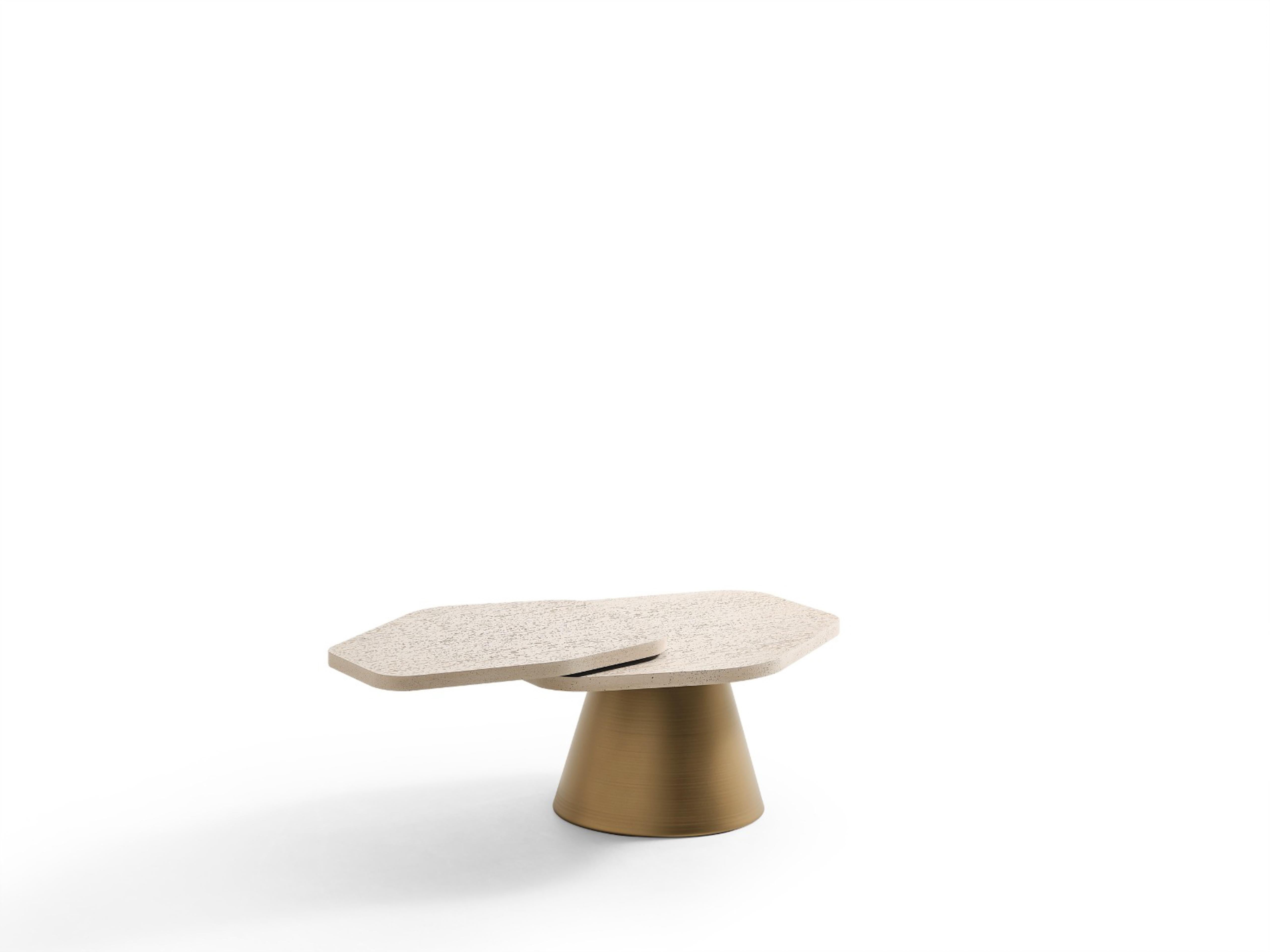 Contemporary handcrafted coffee table by Tinella Studio, designed with sculptural elegance and material innovation. The table features a dual-layer top — one surface in dark-stained solid wood and the other in travertine-look wood veneer, carefully