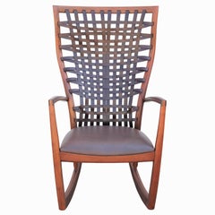 Sculptural Modern Handmade Walnut and Woven Leather Rocking Chair