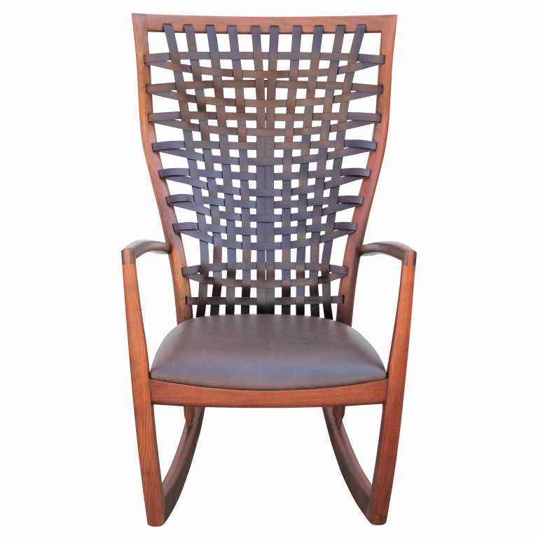 Sculptural Modern Handmade Walnut and Woven Leather Rocking Chair at ...
