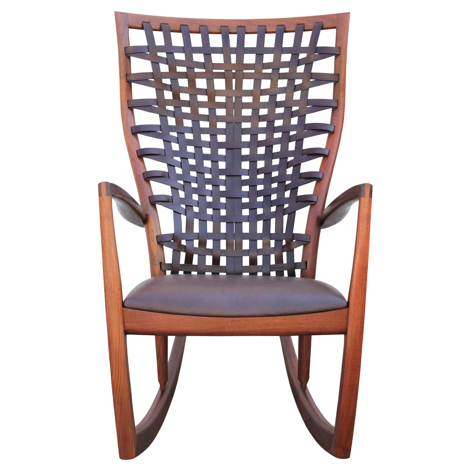 Sculptural Modern Handmade Walnut and Woven Leather Rocking Chair