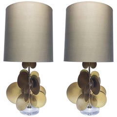 Sculptural Modern Metal and Lucite Bronzed Table Lamps