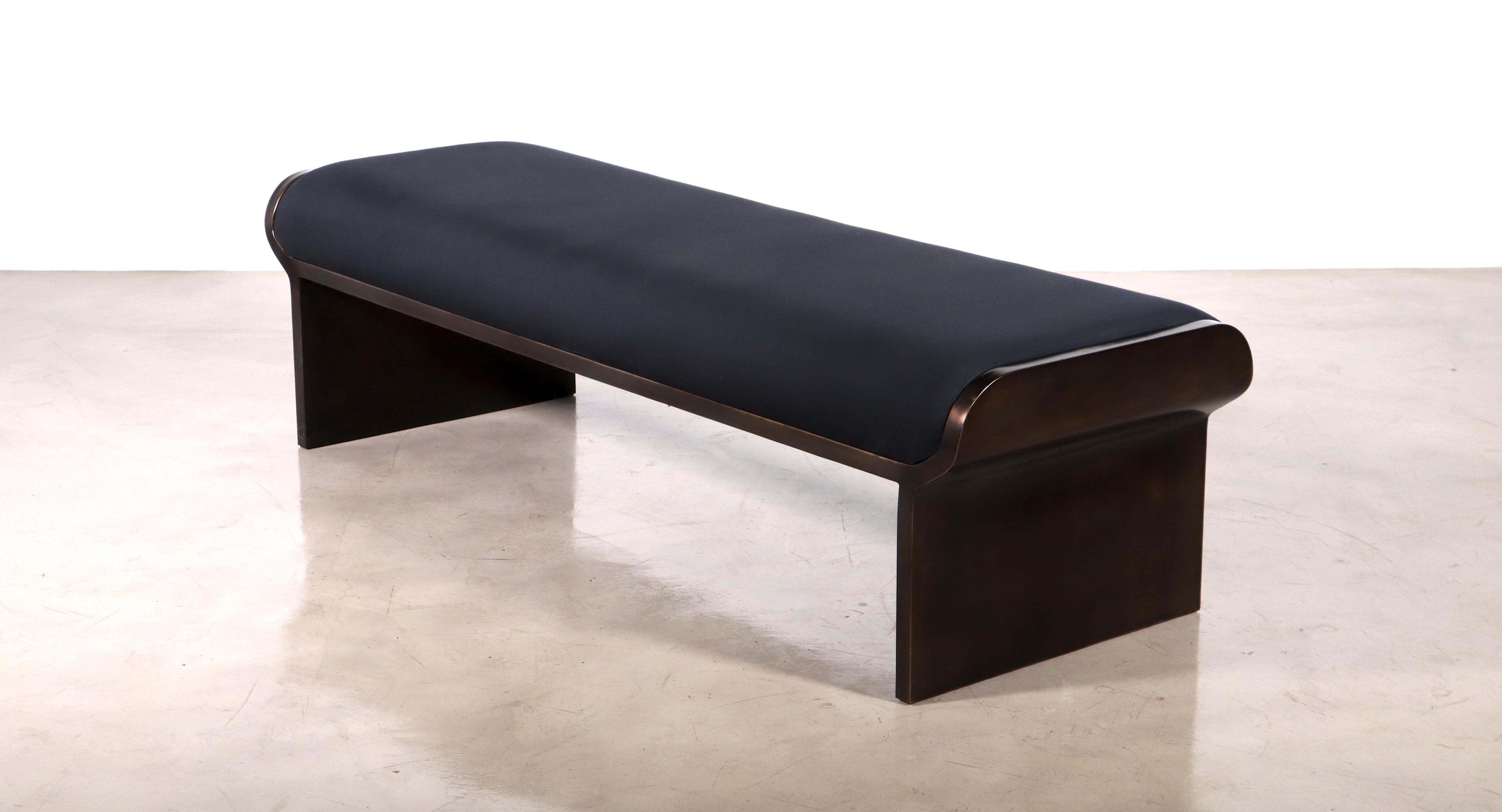 The Elia Bench by Costantini features a metal frame and upholstered seat.  Available as shown or in custom sizes and shapes and the fabric or leather of your choice. Additionally, the bench can be made in steel, iron, or lacquered or powder coated