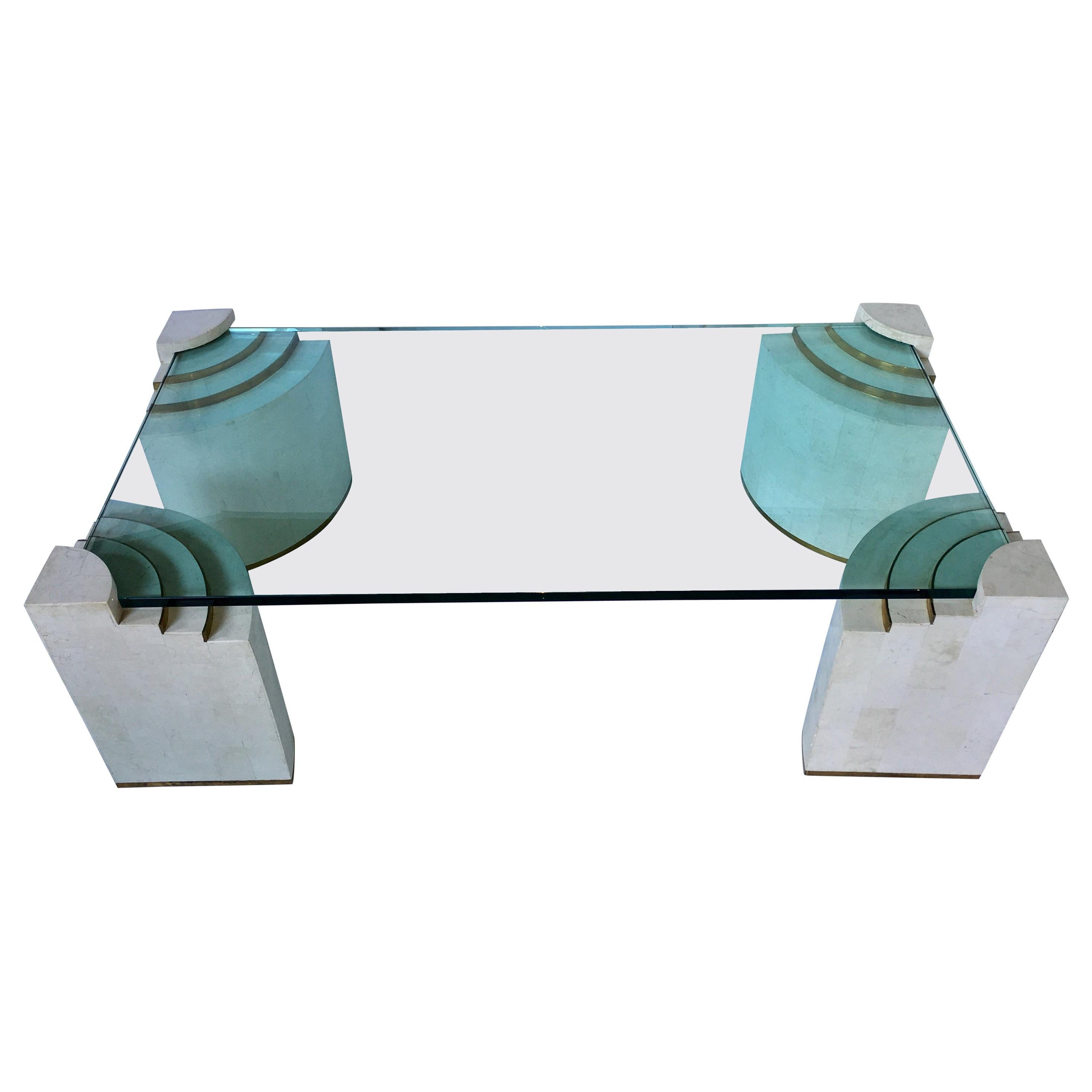Sculptural Modern Tessellated Stone Glass and Brass Cocktail Table by Marcius