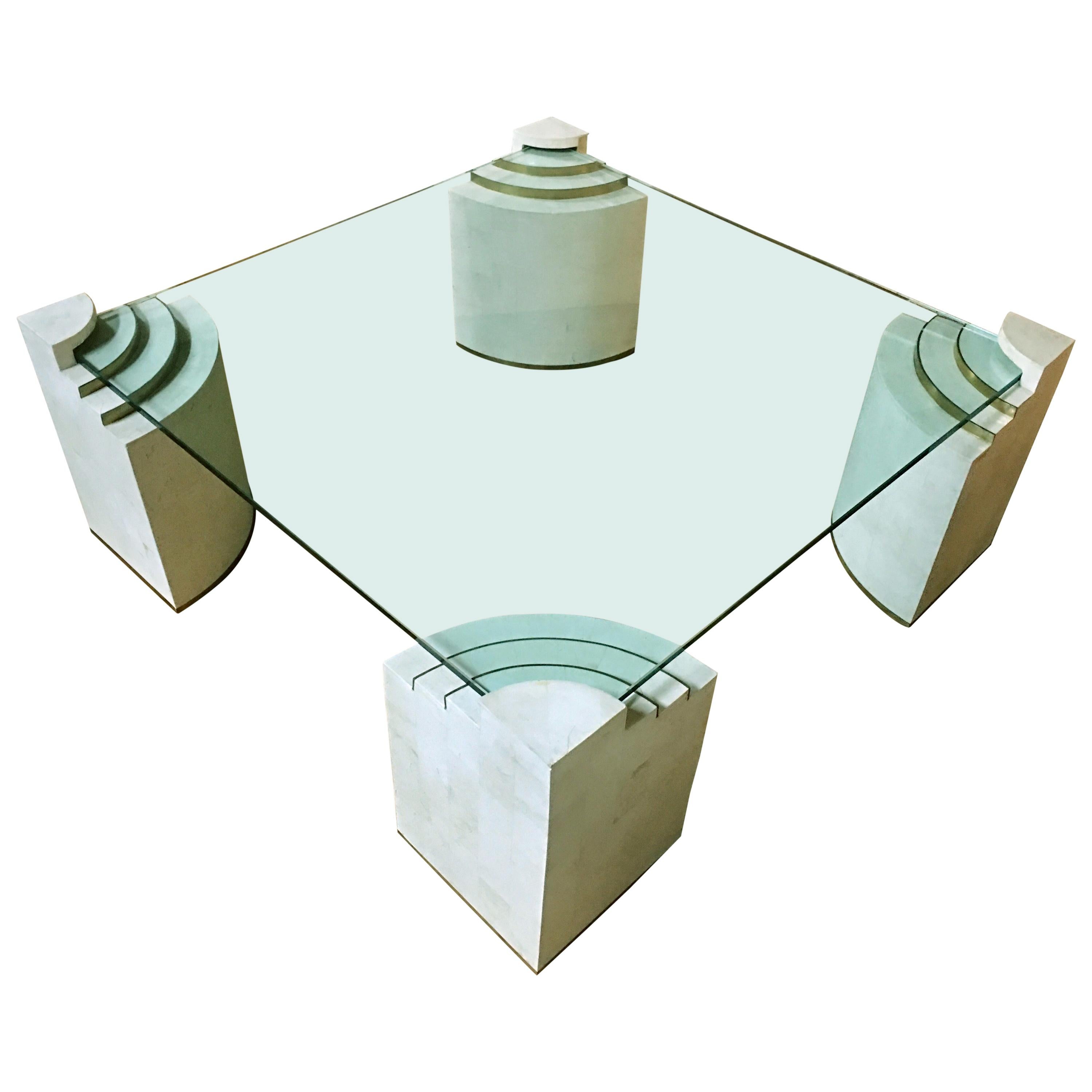 Table basse carrée sculpturale en verre de pierre tessellée et laiton, Marcius