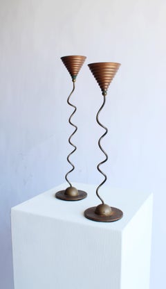 Sculptural Modernist Candleholders Copper Patina Verdigris