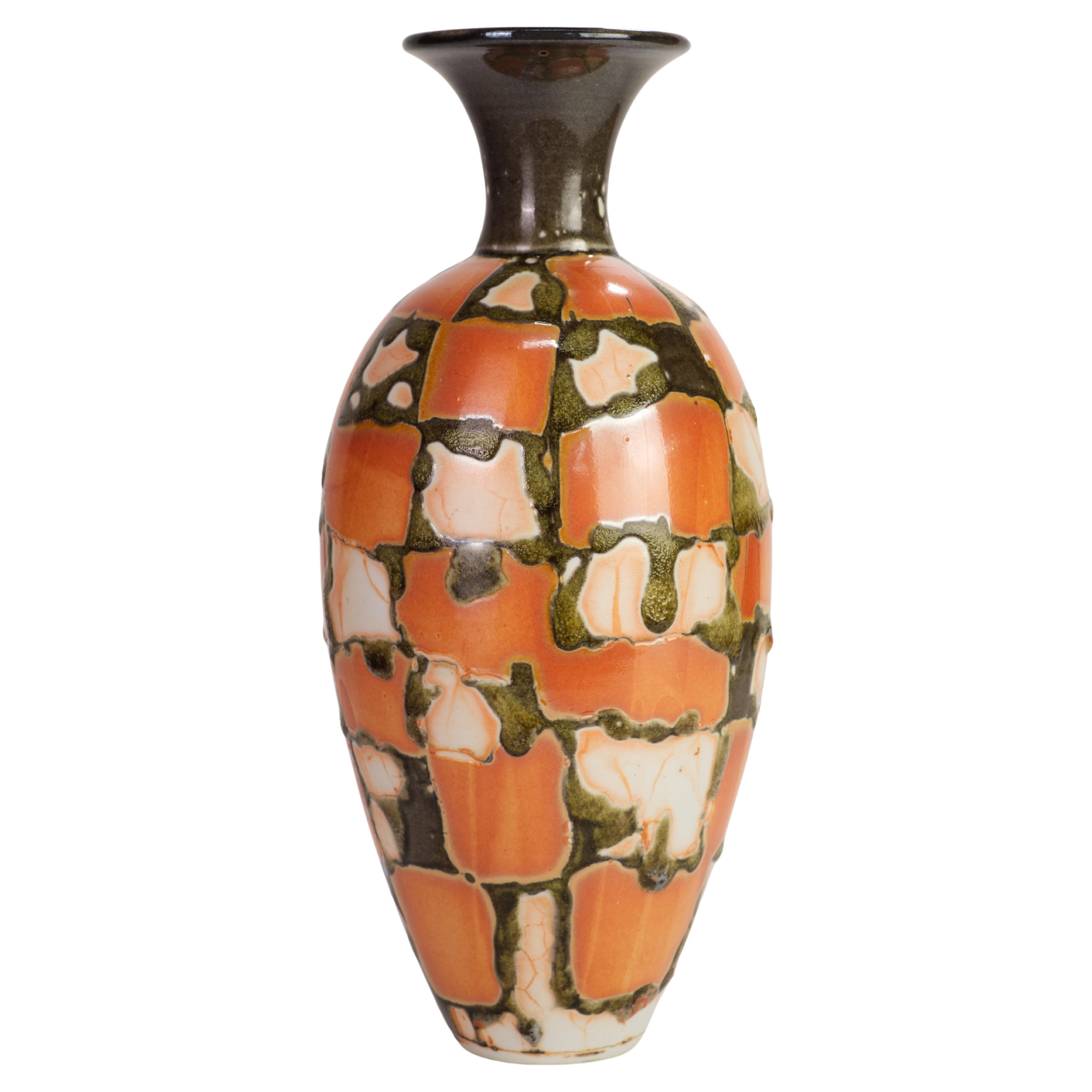 Sculptural Modernist Color Block Lava Glaze Vase, Studio Art Pottery