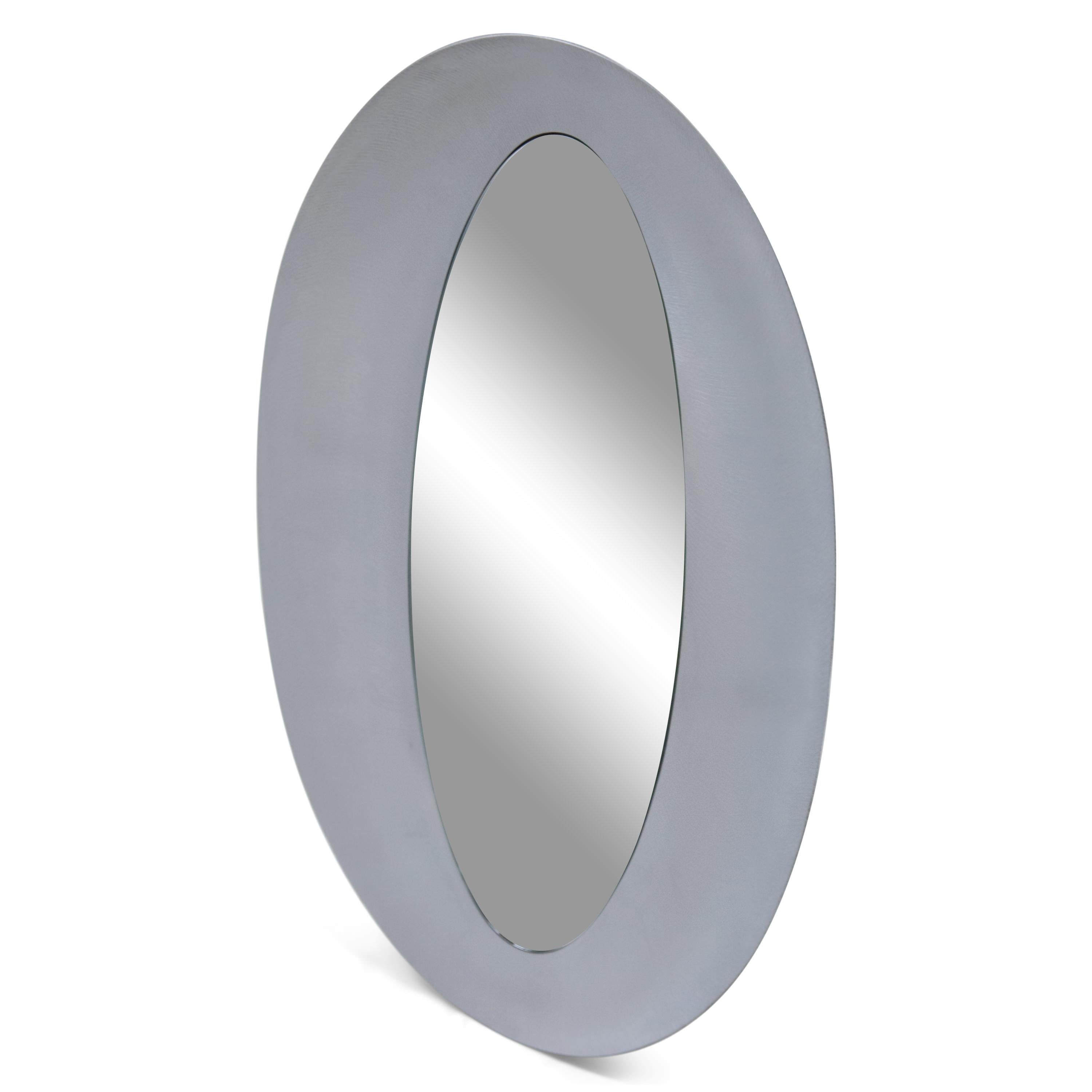 A sculptural modernist oval mirror
by artist Lorenzo Burchiellaro.
Textured cast aluminum
with a slightly concave shape.
Signed on the bottom Burchiellaro.
        