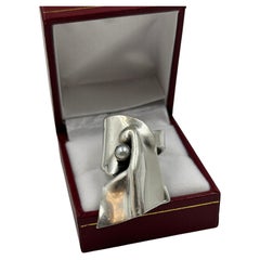 Sculptural Modernist Sterling Silver and Pearl Ring