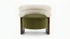 Sculptural Monolithic Armchair in Olive Velvet, Cream Bouclé, and Walnut Burl