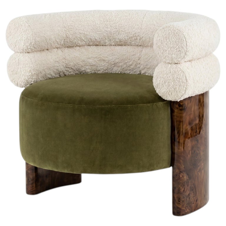 Sculptural Monolithic Armchair in Olive Velvet, Cream Bouclé, and Walnut Burl