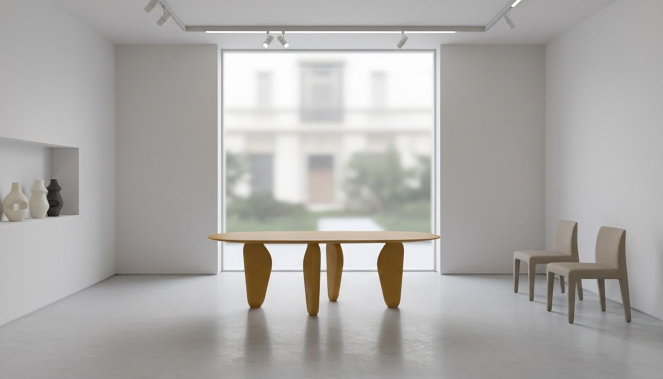 Cette table à manger élégante et authentique se distingue par son design unique, où les pieds ressemblent à des monolithes lissés. Il est disponible en deux versions étonnantes : laquée ou en bois. Choisissez parmi une grande variété d'essences de