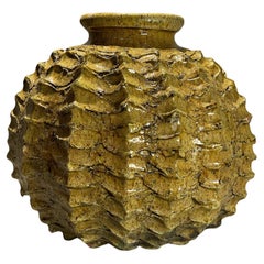 Sculptural Moroccan Handcrafted Vase with Textured Ochre and Dark Accents