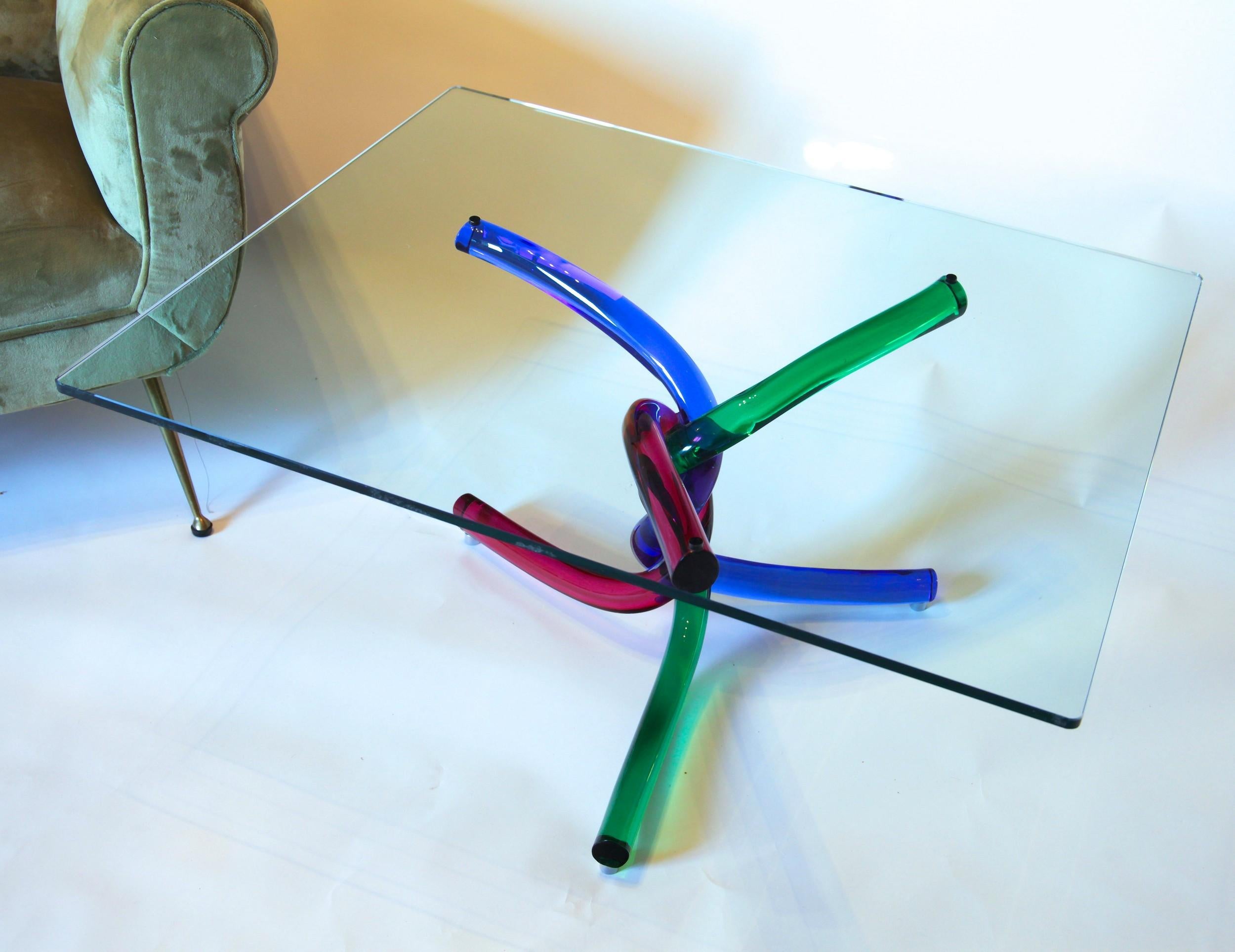 Sculptural Murano Glass Cocktail Table Twisted Rods, Cobalt Blue, Ruby and Green 9