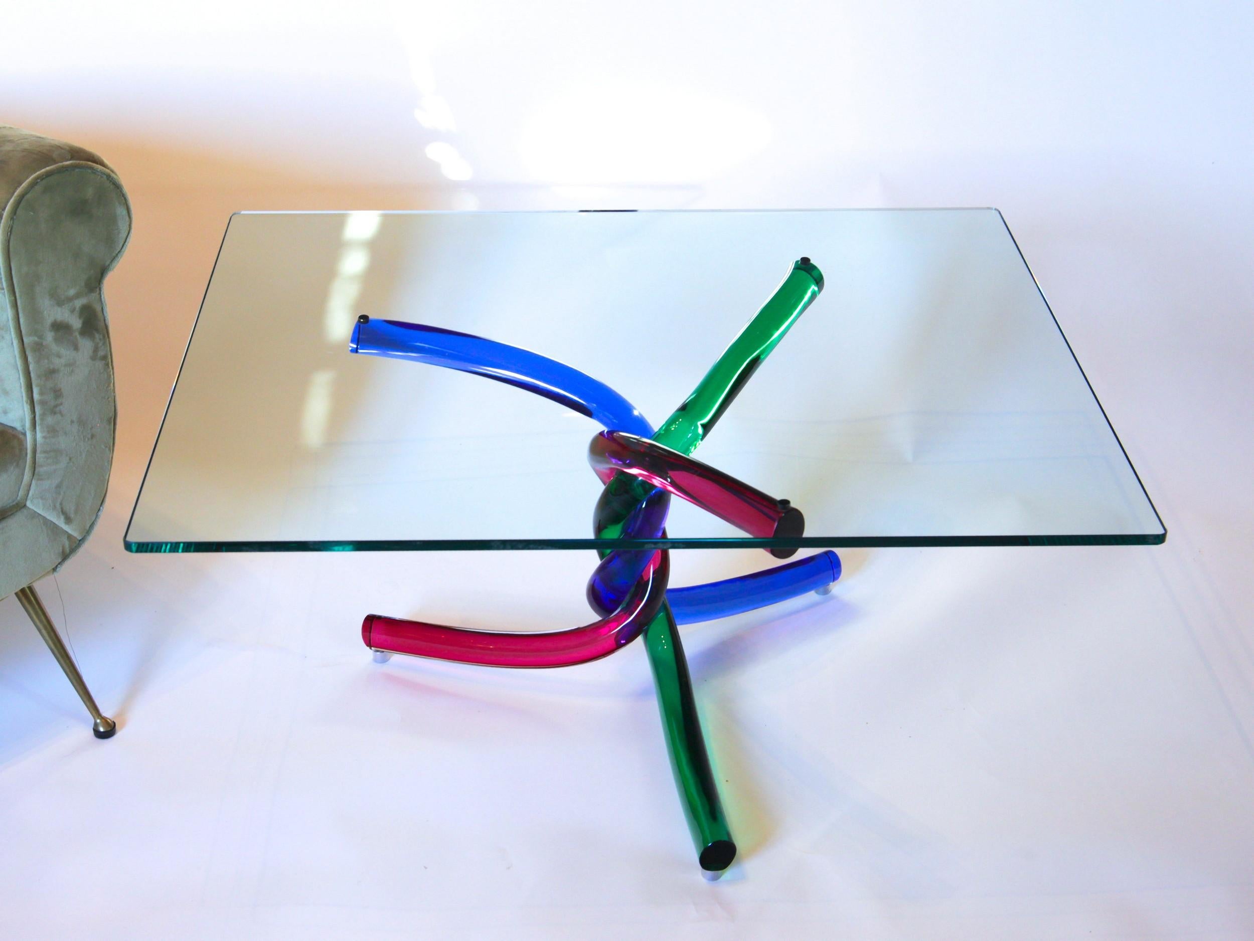 Sculptural Murano Glass Cocktail Table Twisted Rods, Cobalt Blue, Ruby and Green 11