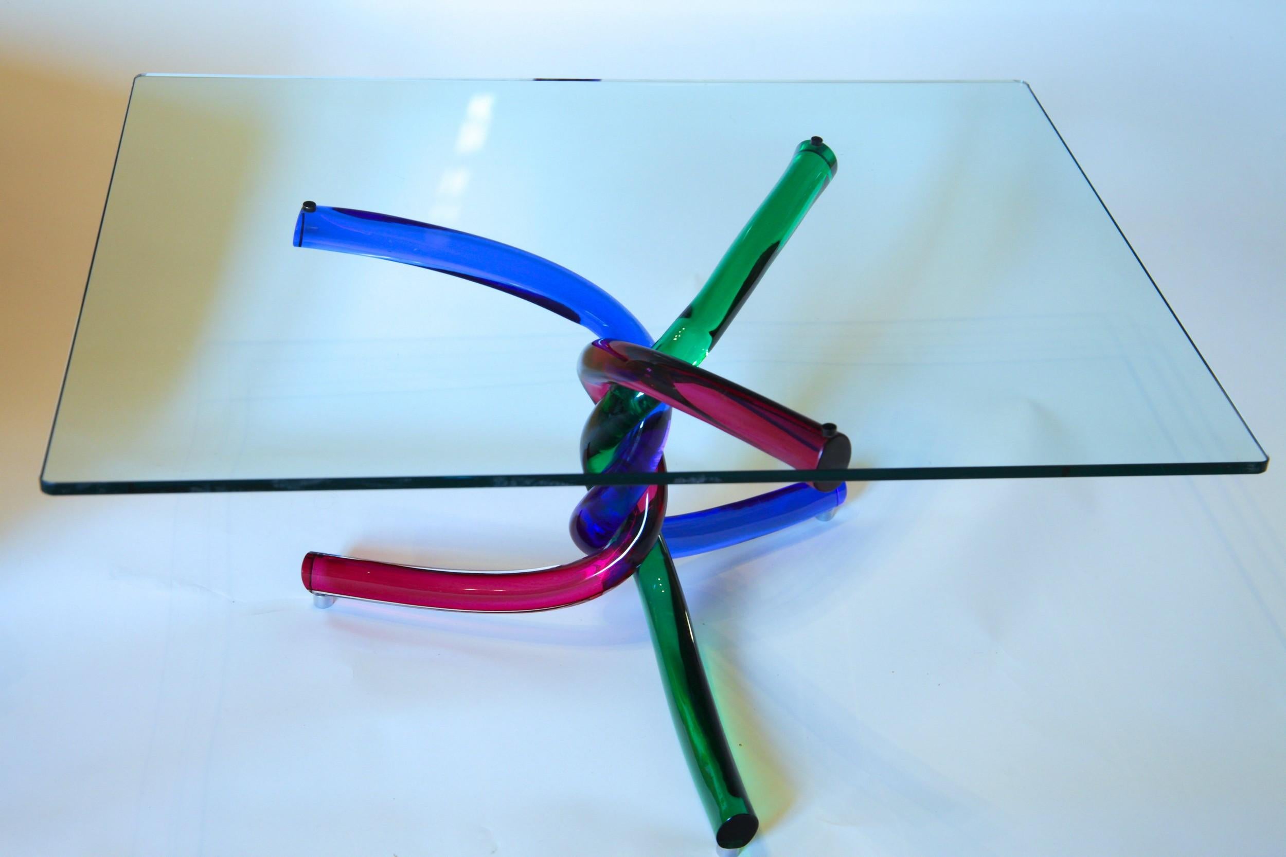 Sculptural Murano Glass Cocktail Table Twisted Rods, Cobalt Blue, Ruby and Green 12