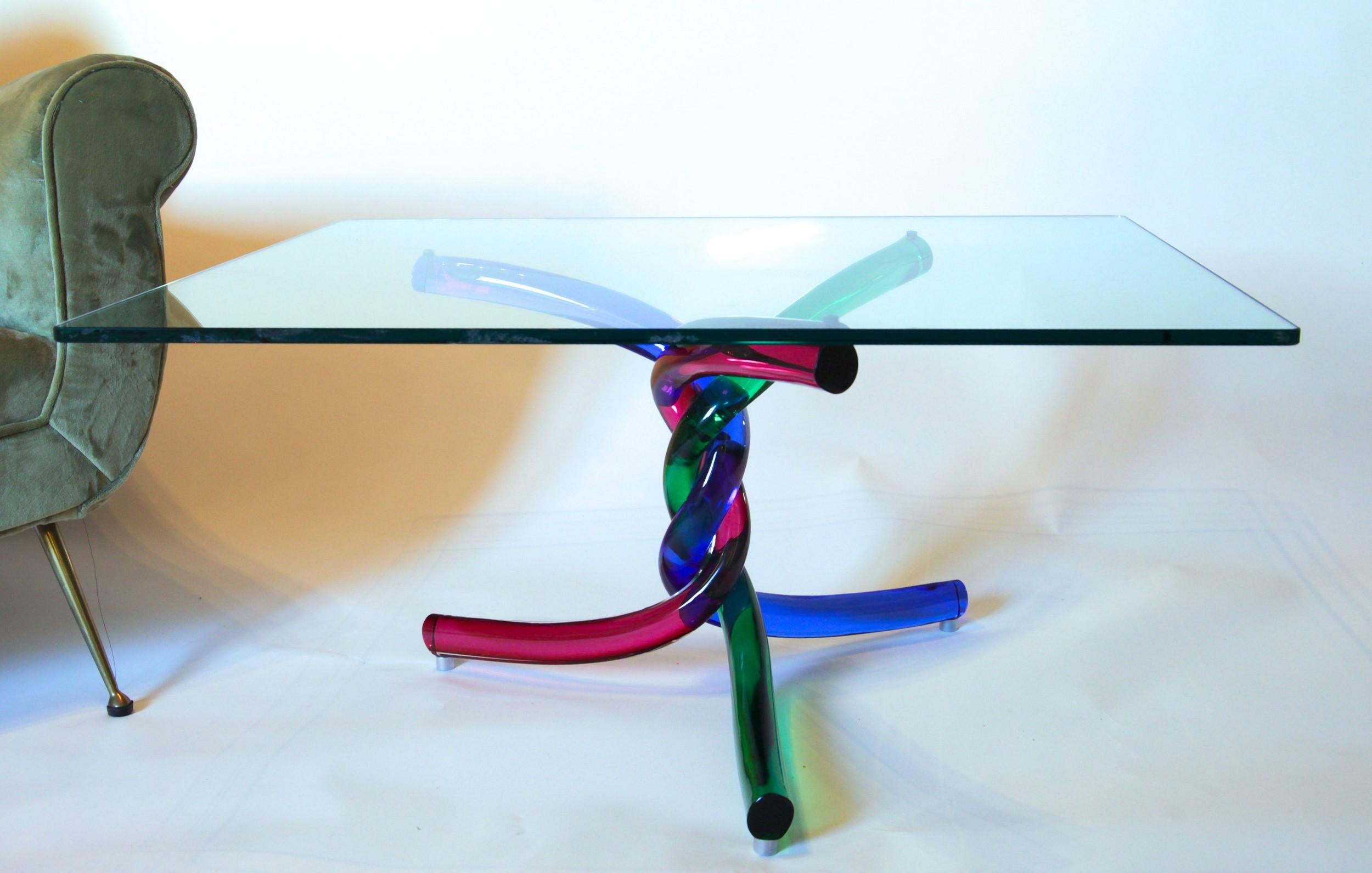 Sculptural Murano Glass Cocktail Table Twisted Rods, Cobalt Blue, Ruby and Green 13