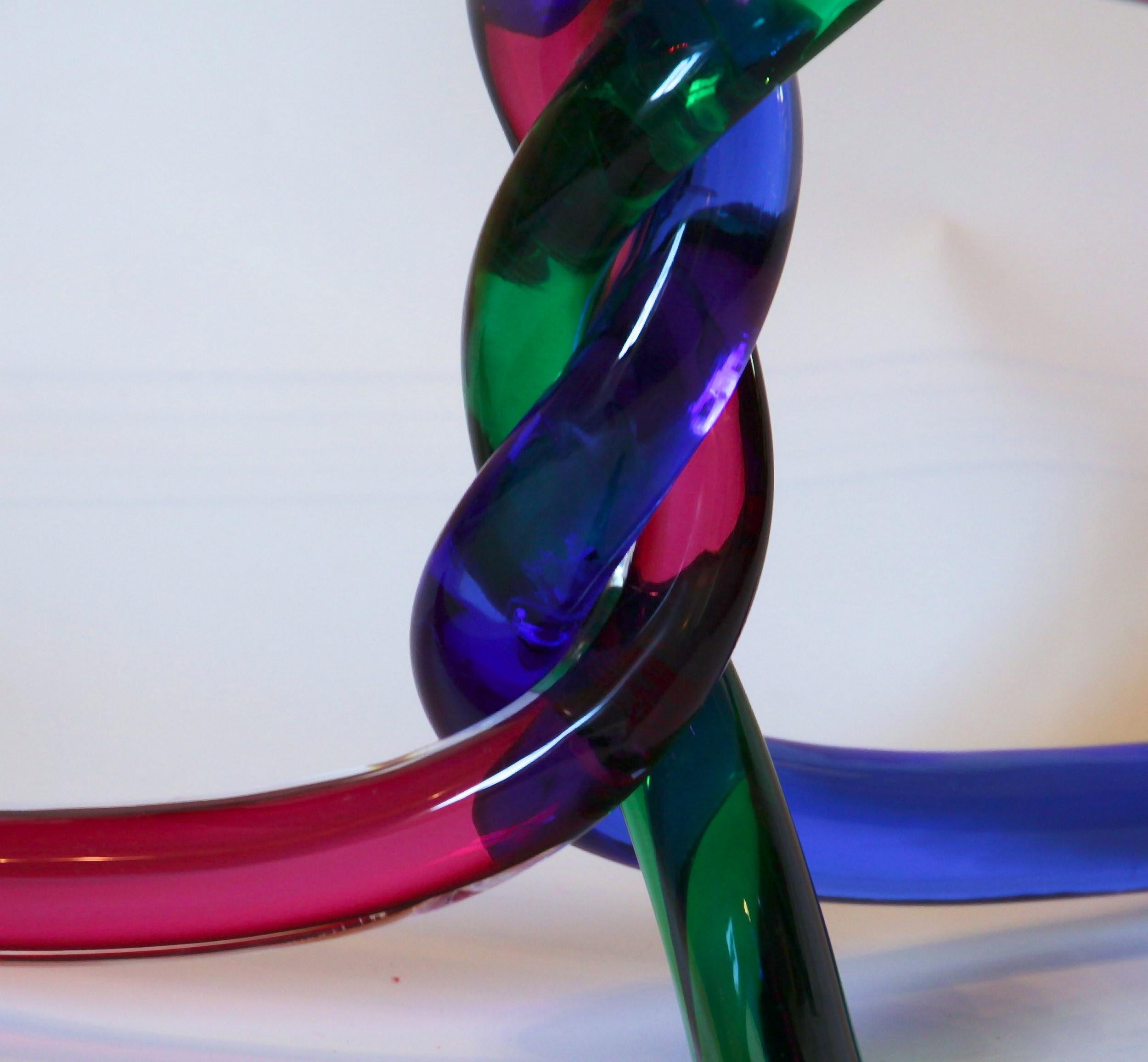 Modern Sculptural Murano Glass Cocktail Table Twisted Rods, Cobalt Blue, Ruby and Green