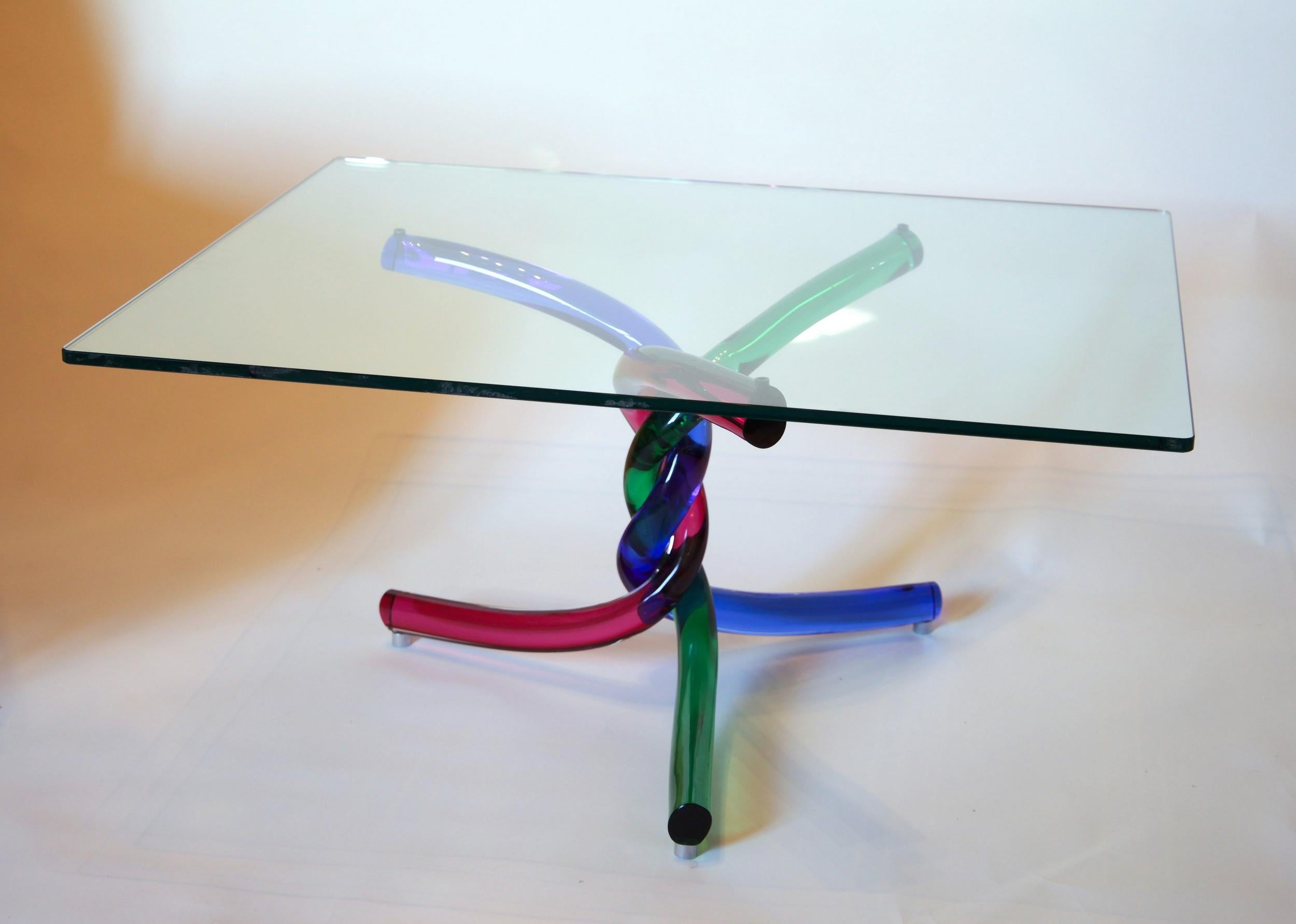 Italian Sculptural Murano Glass Cocktail Table Twisted Rods, Cobalt Blue, Ruby and Green