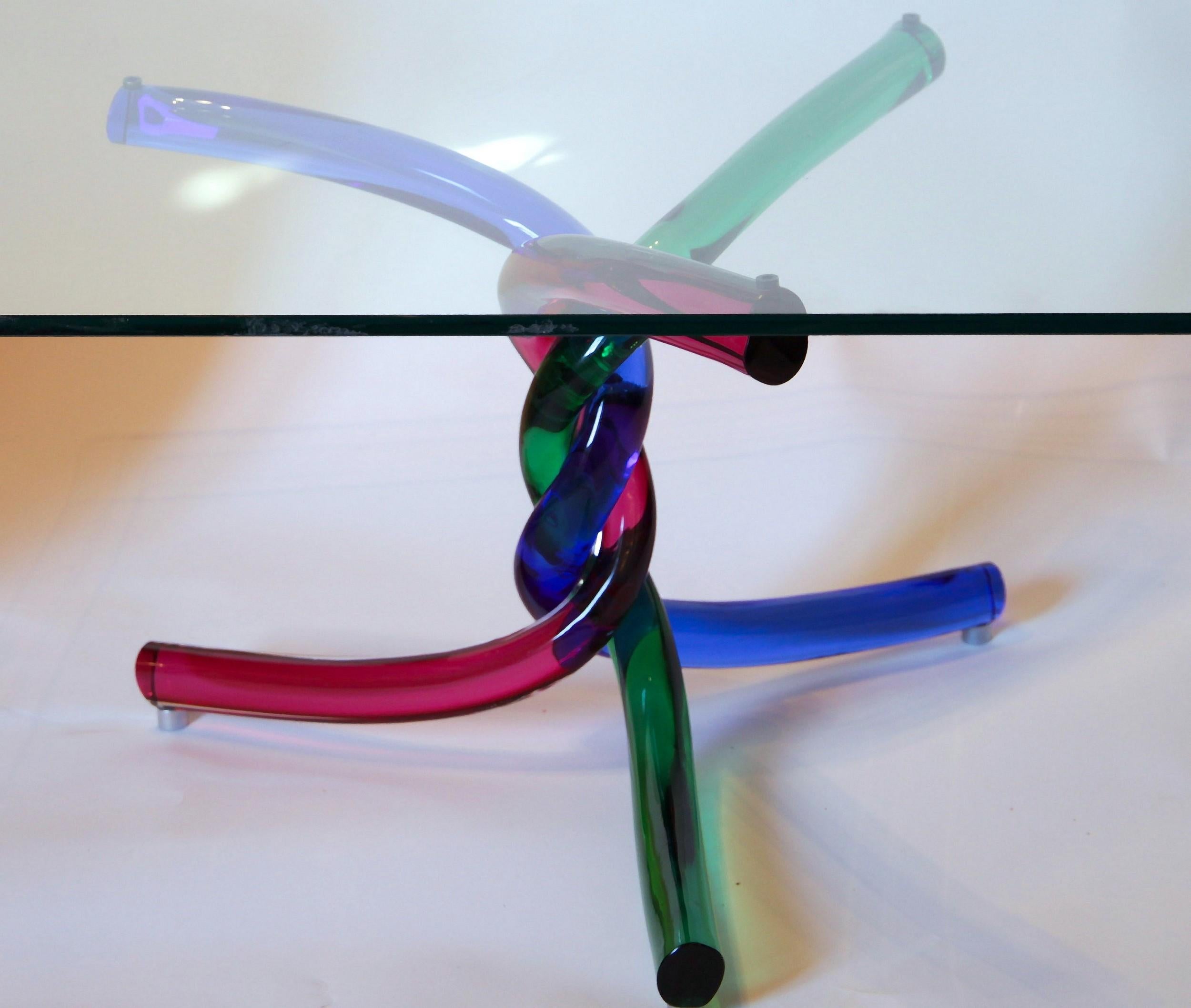 20th Century Sculptural Murano Glass Cocktail Table Twisted Rods, Cobalt Blue, Ruby and Green