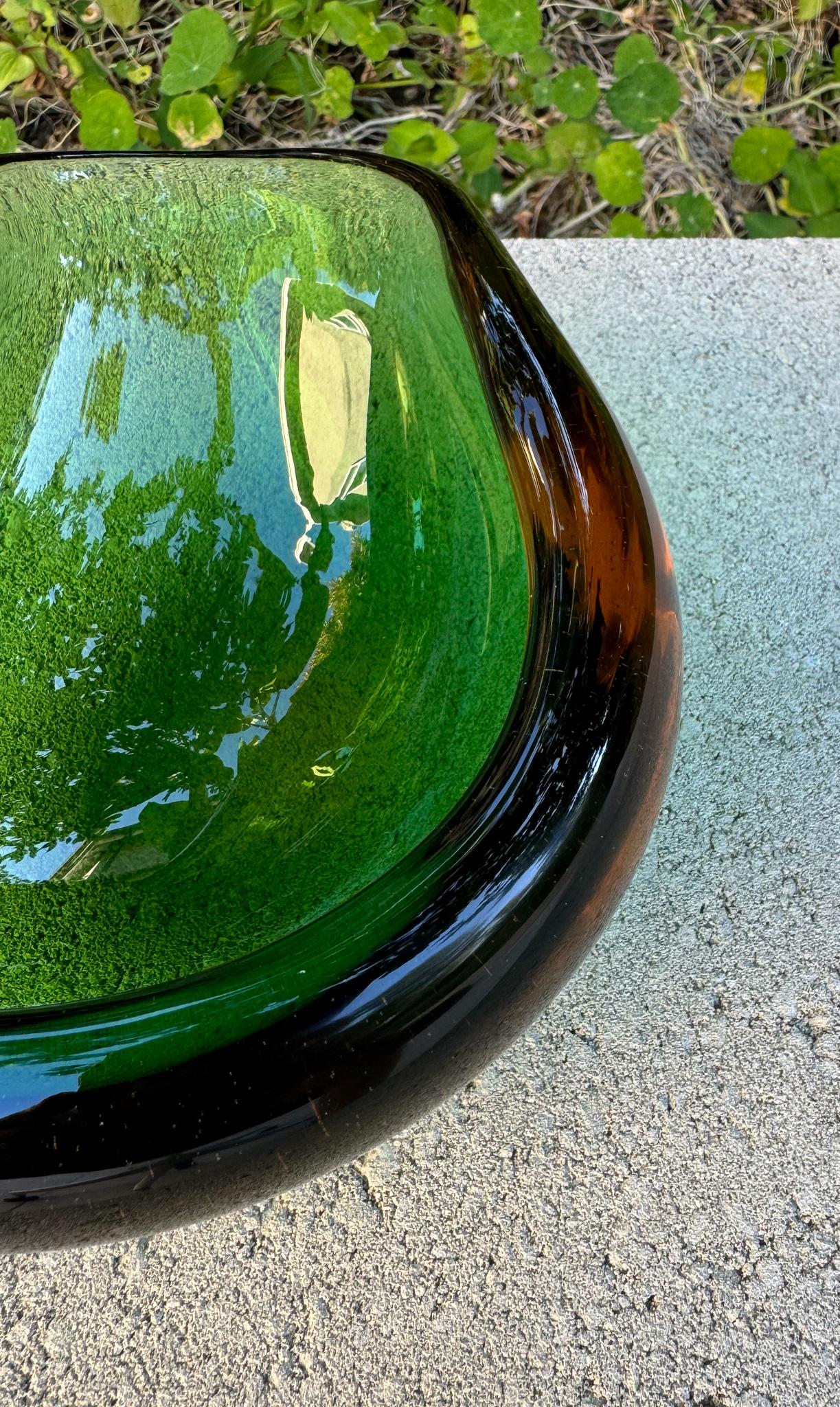 Sculptural Murano Sommerso Green & Amber Glass Bowl / Ashtray, Italy, c.1960 6