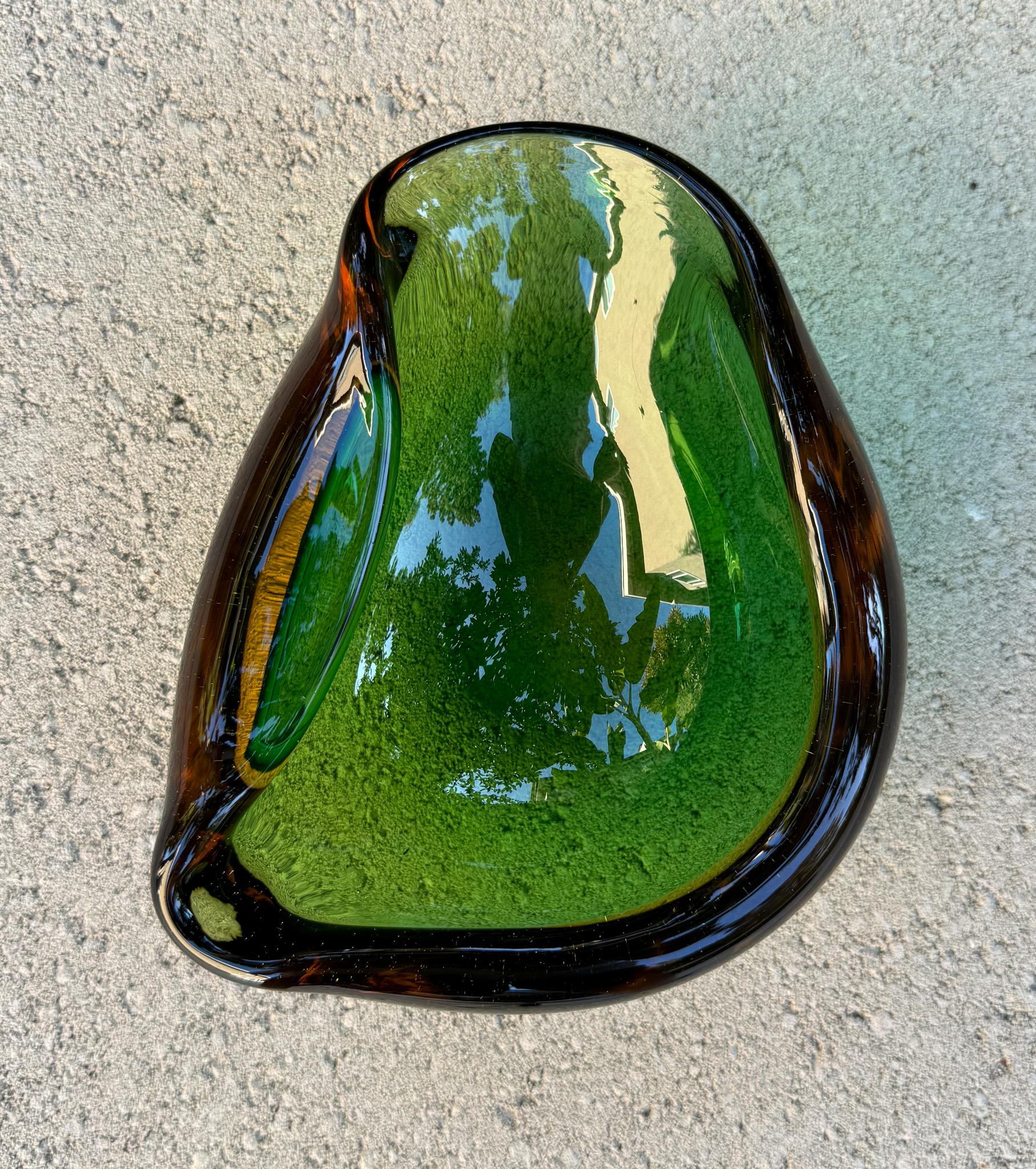 Sculptural Murano Sommerso Green & Amber Glass Bowl / Ashtray, Italy, c.1960 8