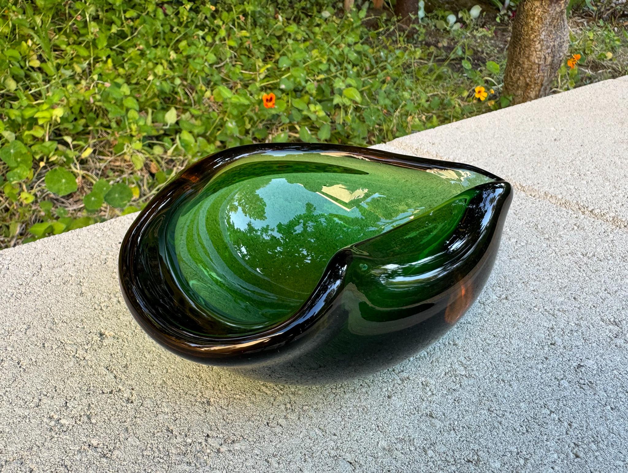 Sculptural Murano Sommerso Green & Amber Glass Bowl / Ashtray, Italy, c.1960 12