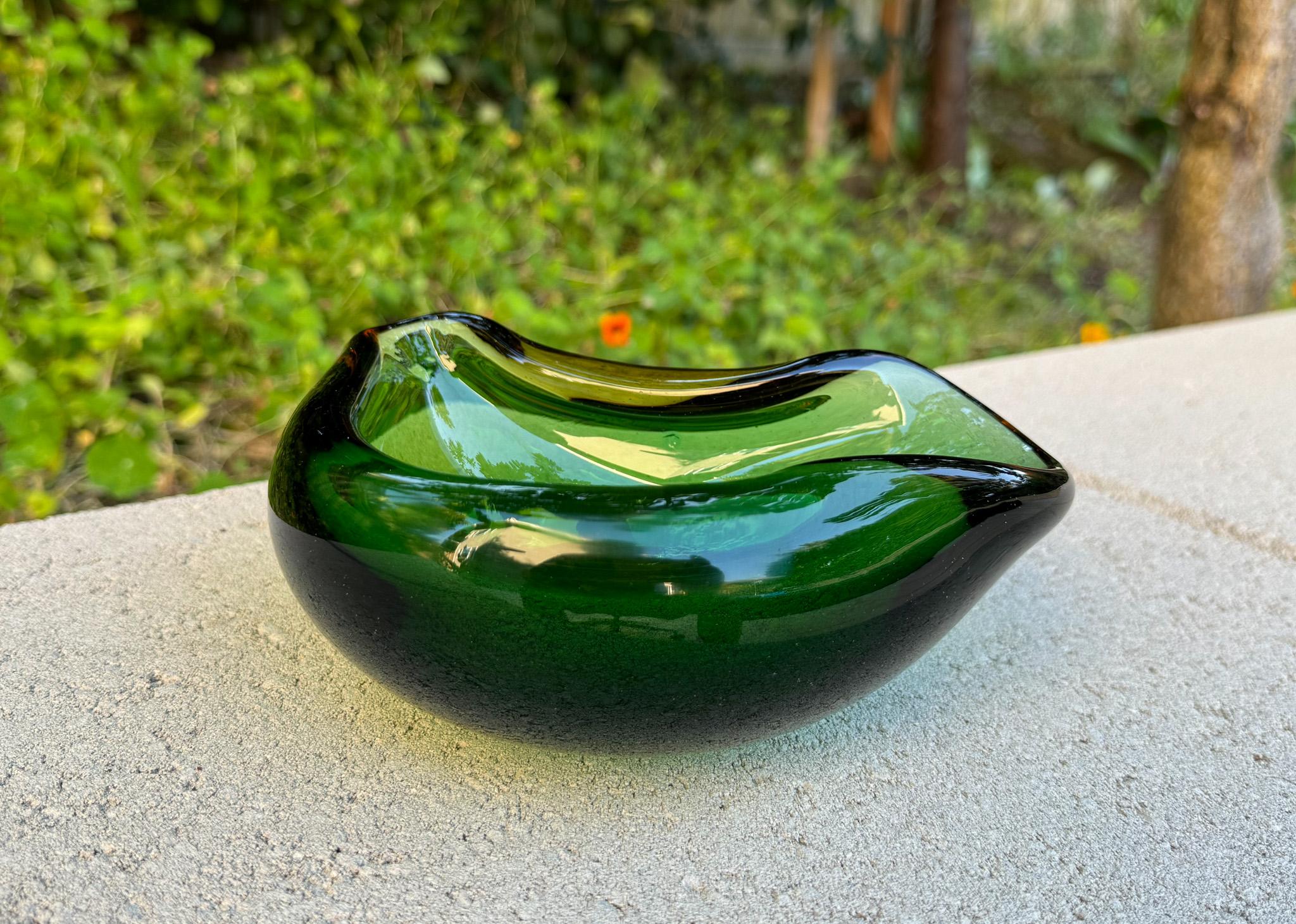 Italian Sculptural Murano Sommerso Green & Amber Glass Bowl / Ashtray, Italy, c.1960
