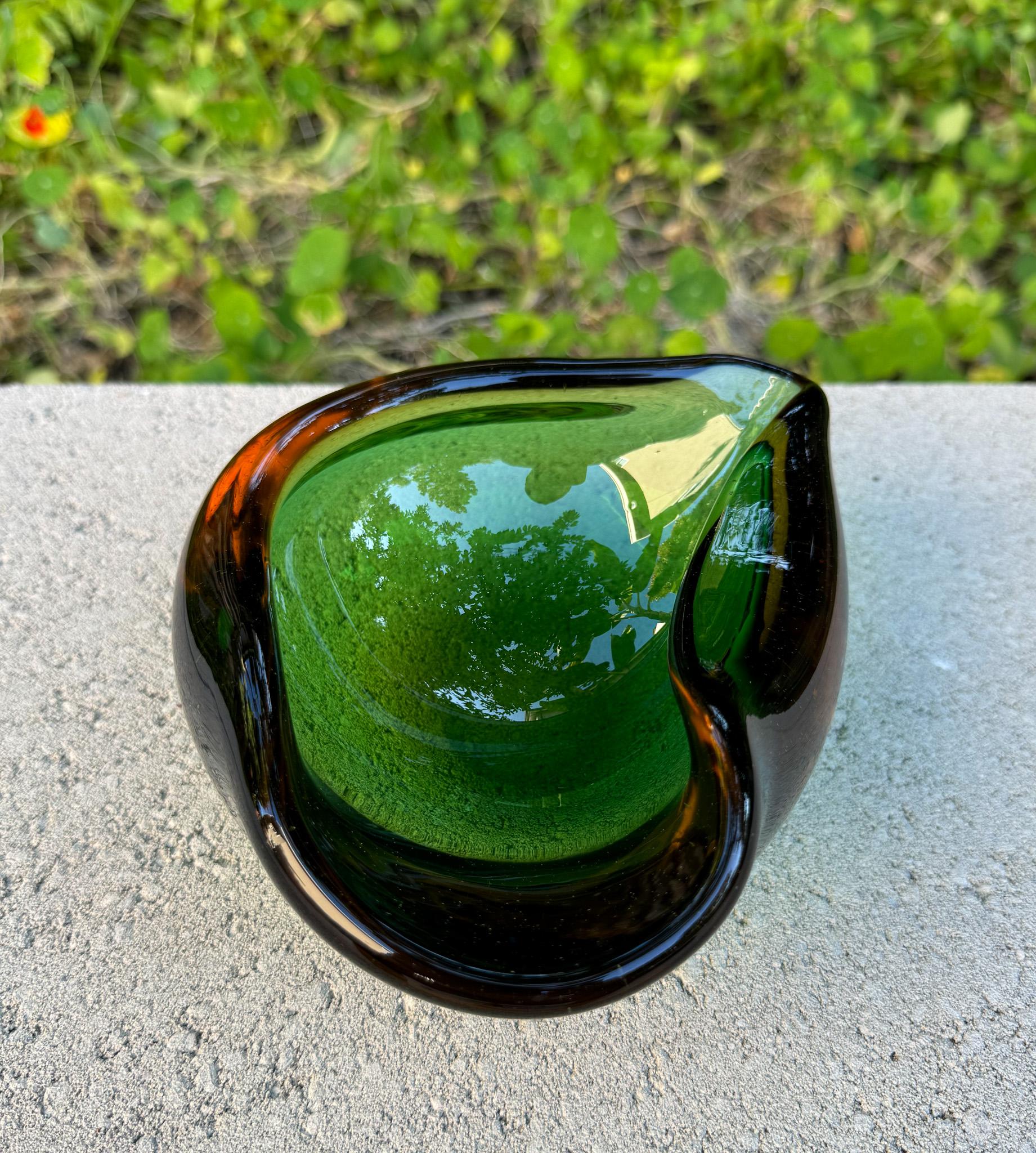 20th Century Sculptural Murano Sommerso Green & Amber Glass Bowl / Ashtray, Italy, c.1960