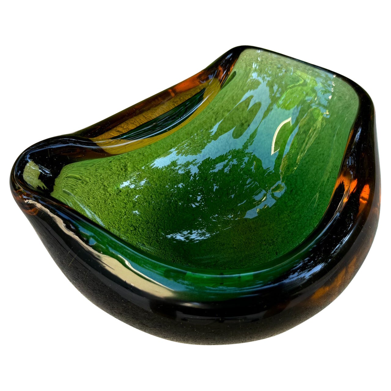 Sculptural Murano Sommerso Green 
Amber Glass Bowl / Ashtray, Italy, c.1960