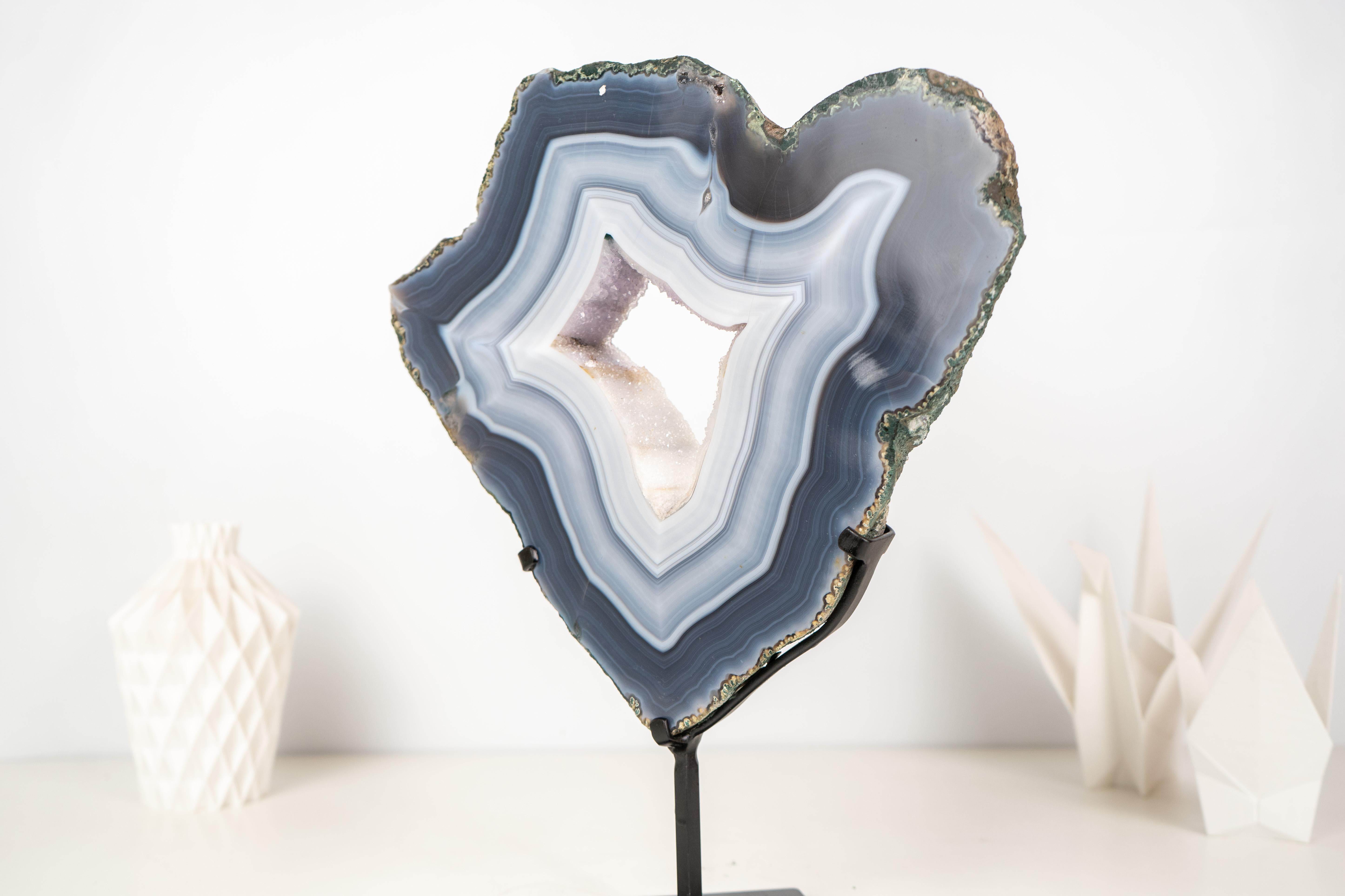 Contemporary Sculptural Natural Blue and White Lace Agate Geode For Sale