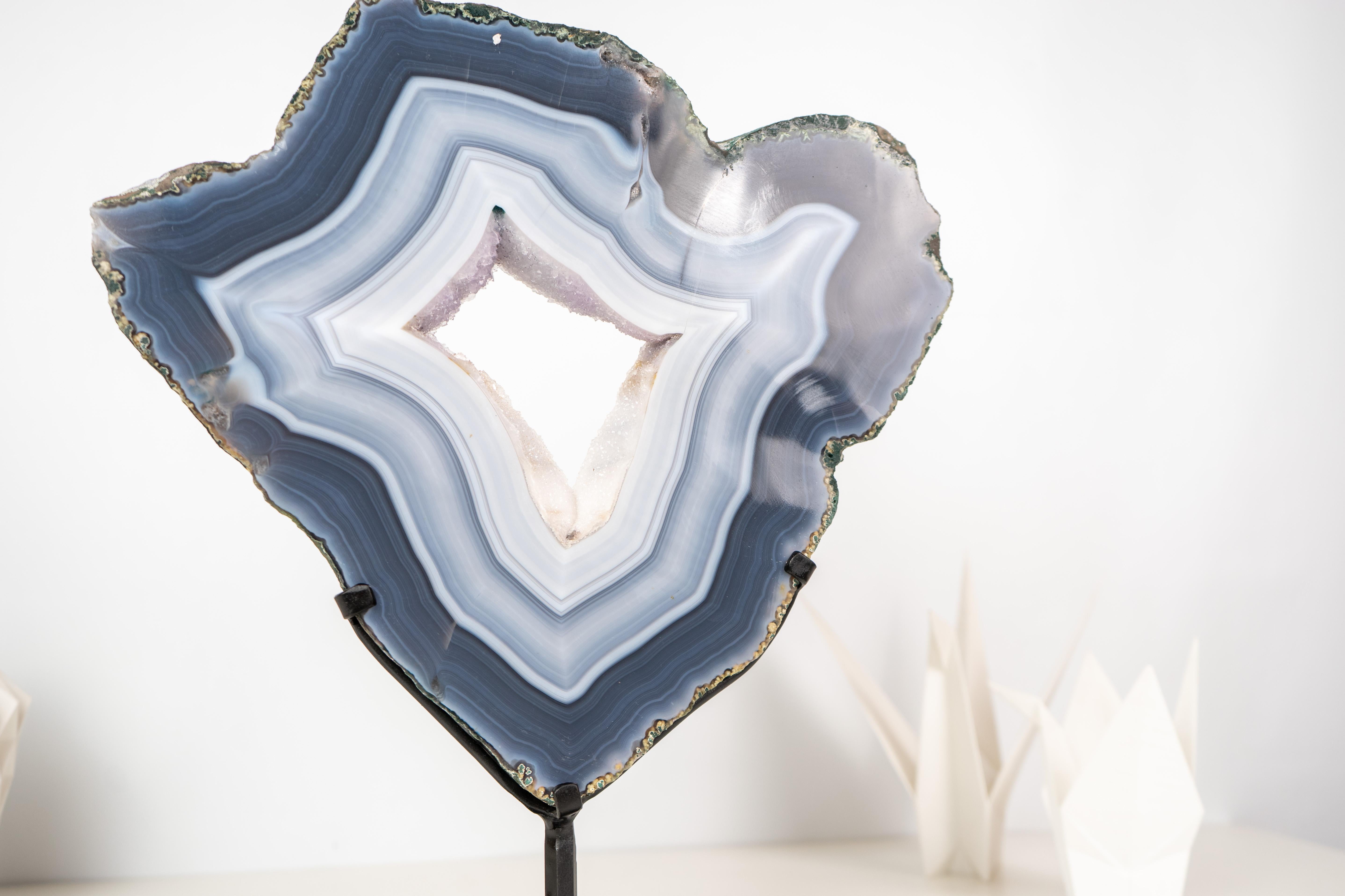Sculptural Natural Blue and White Lace Agate Geode For Sale 1