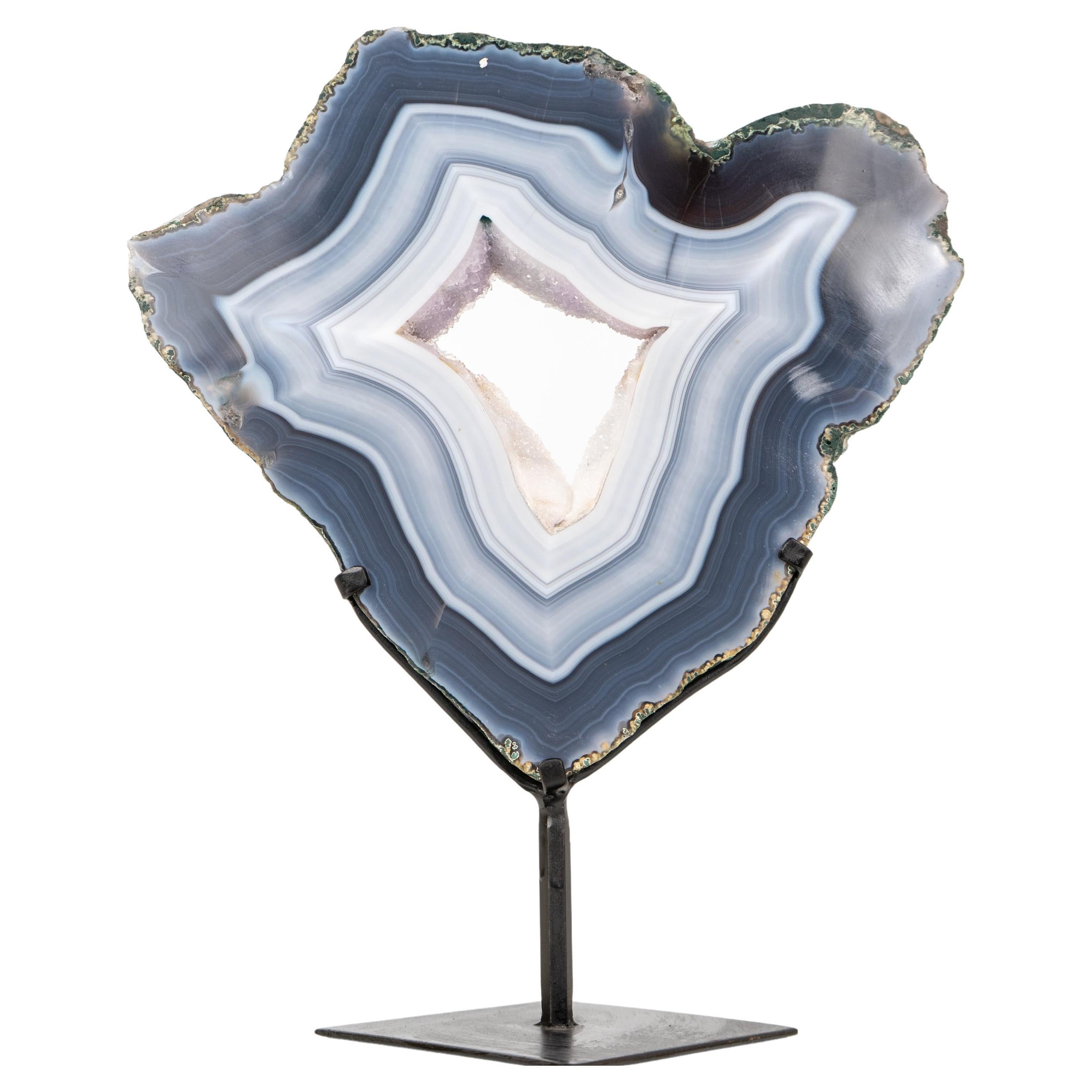 Sculptural Natural Blue and White Lace Agate Geode For Sale