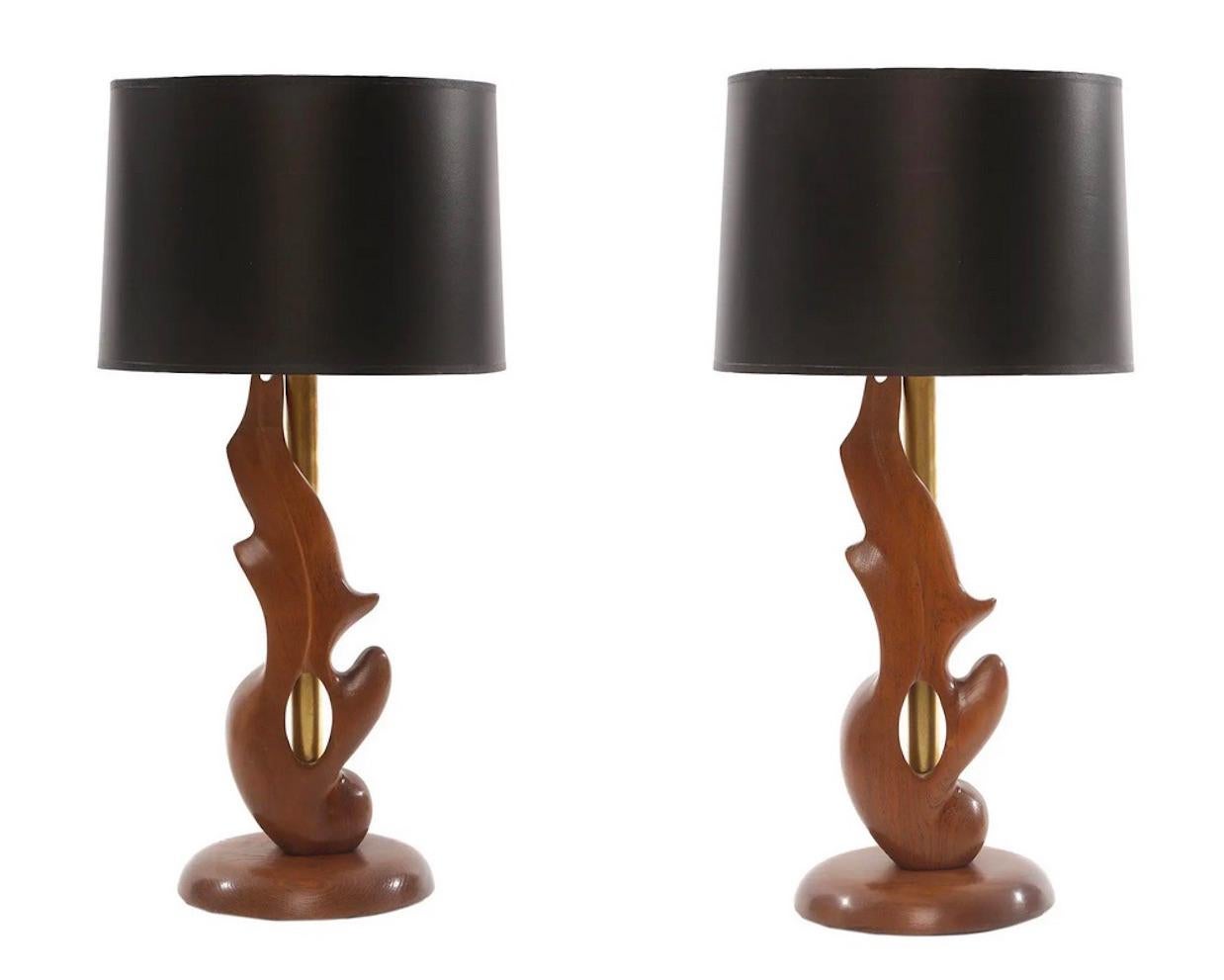 Heifetz Sculptural 1950s Oak and Brass Table Lamps For Sale 1