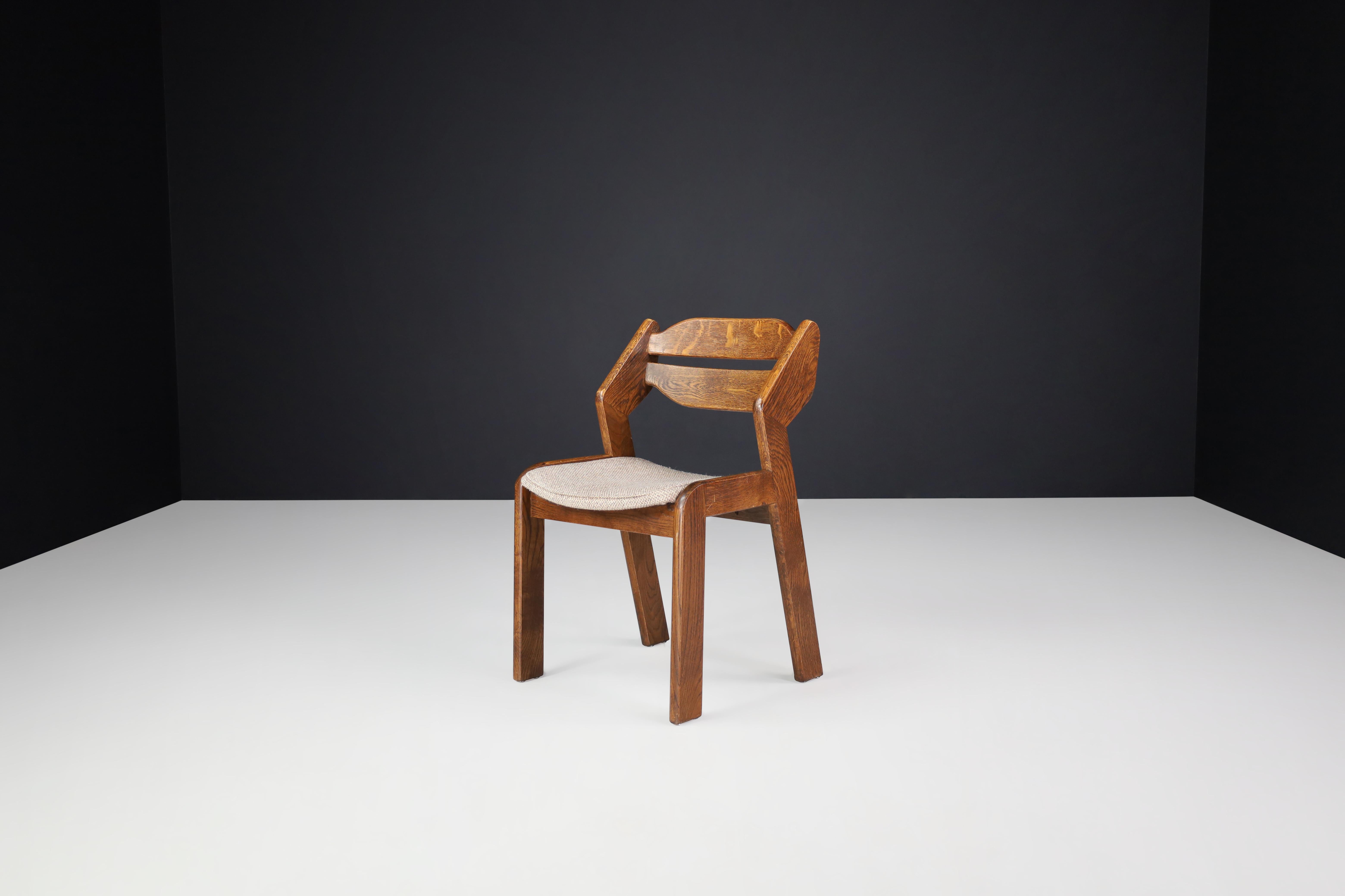 Brutalist Sculptural Oak and Fabric Dining Chairs, France, 1960s For Sale