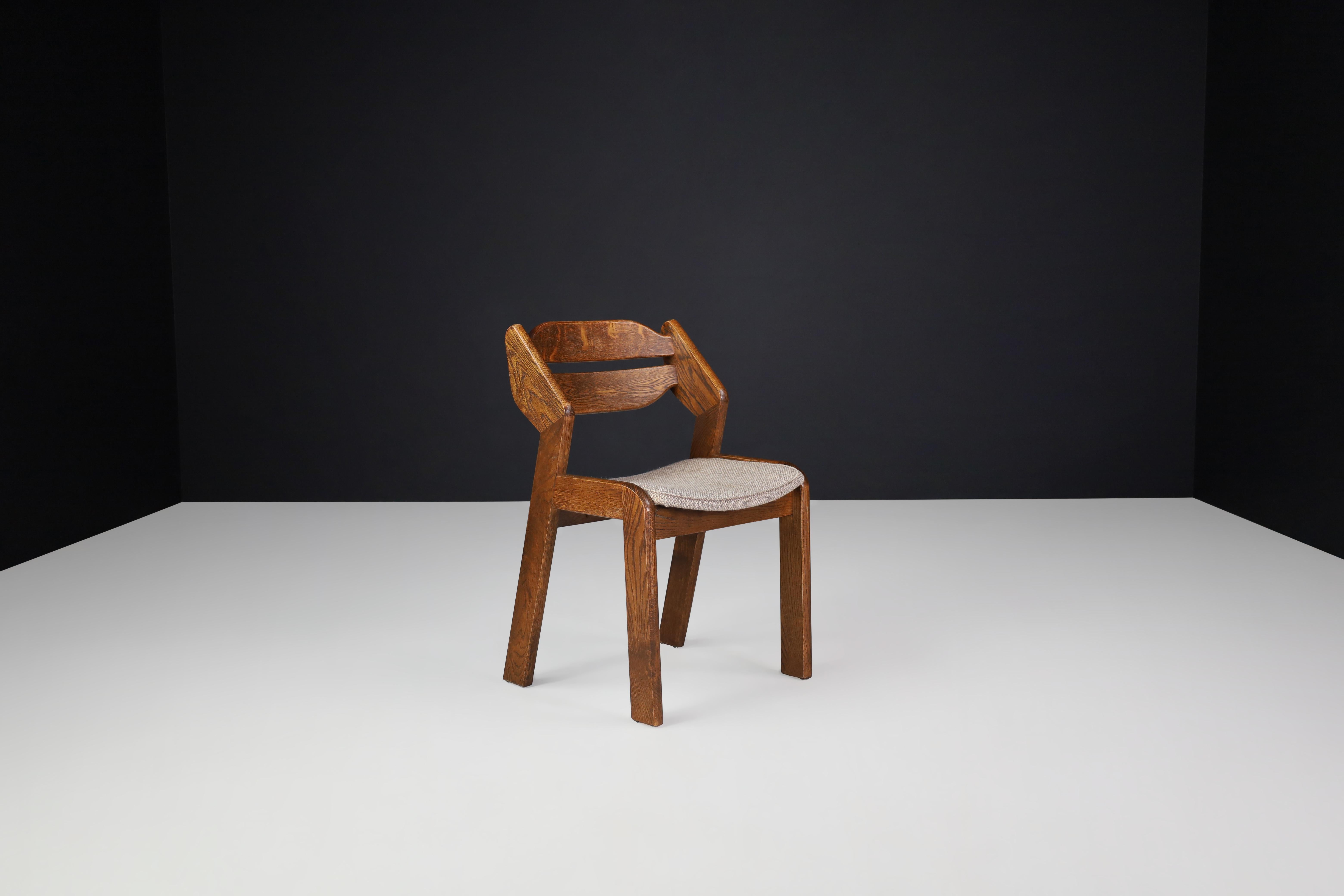 20th Century Sculptural Oak and Fabric Dining Chairs, France, 1960s For Sale