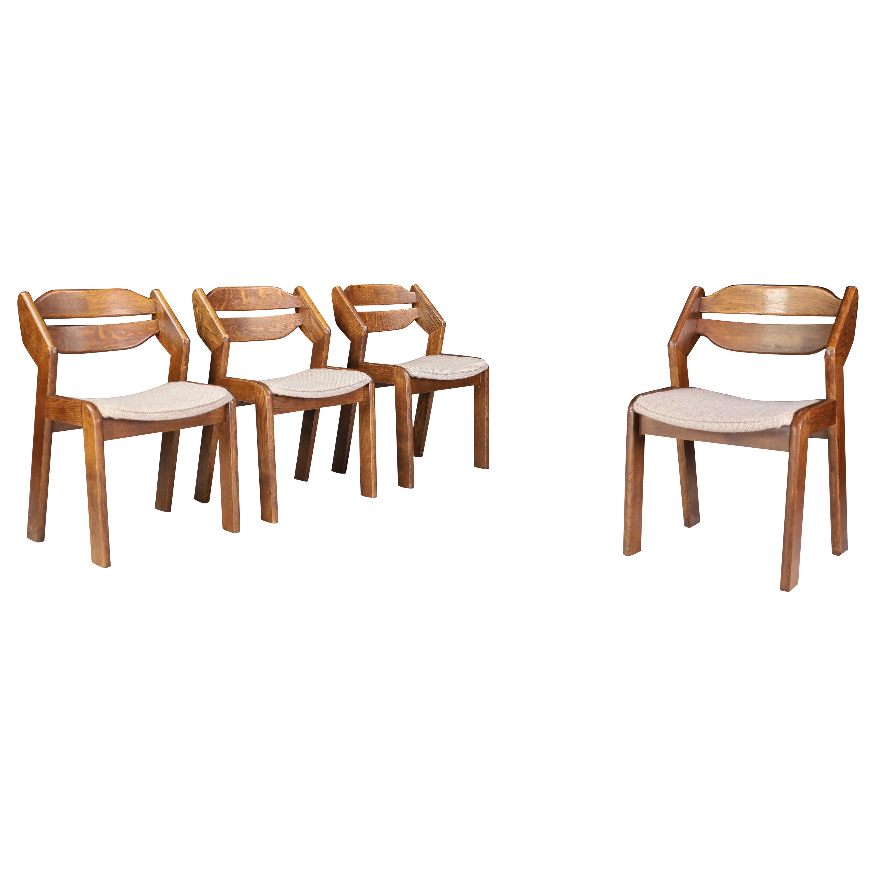 Sculptural Oak and Fabric Dining Chairs, France, 1960s