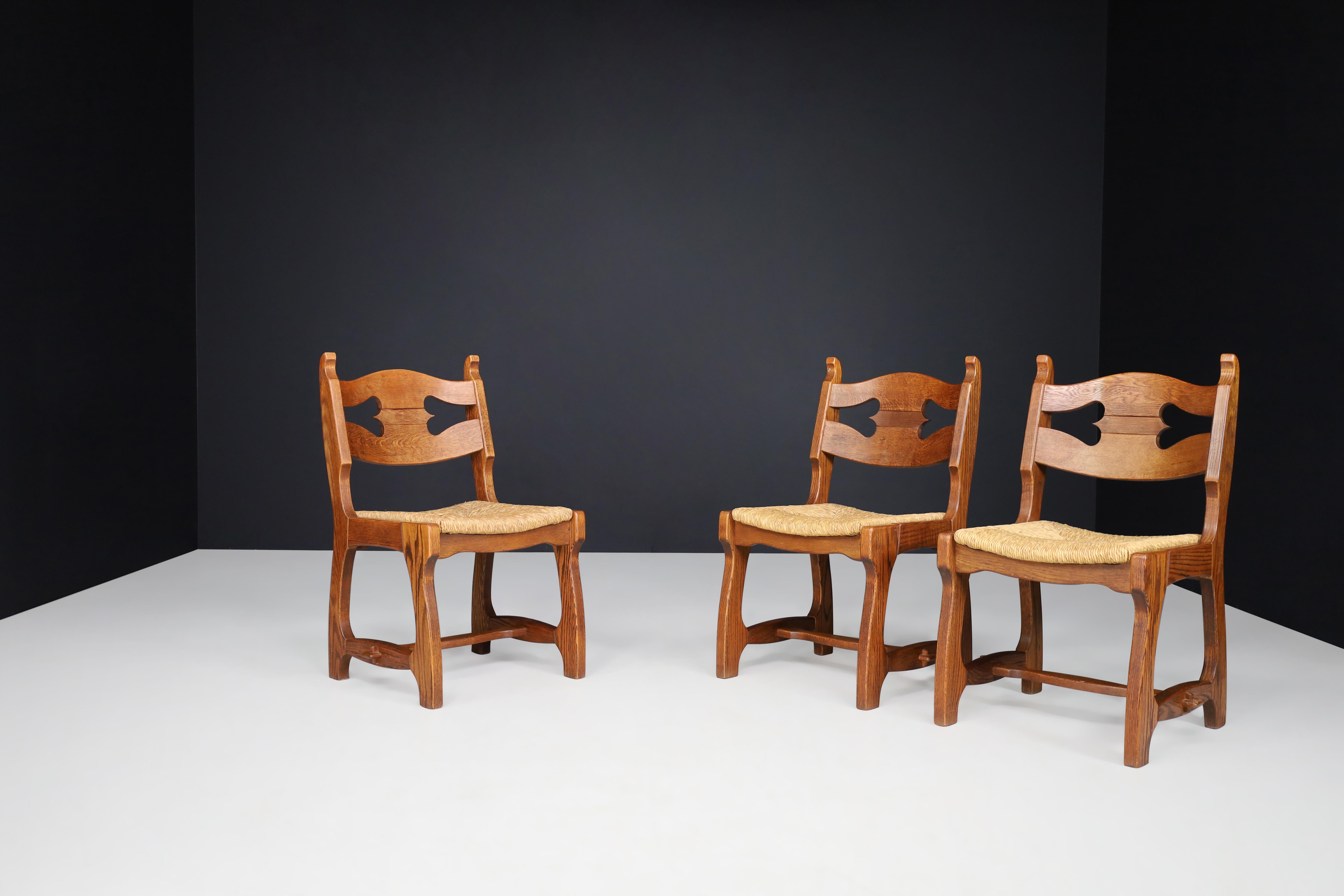 Sculptural Oak and Rush Dining Chairs, France, 1960s For Sale 4