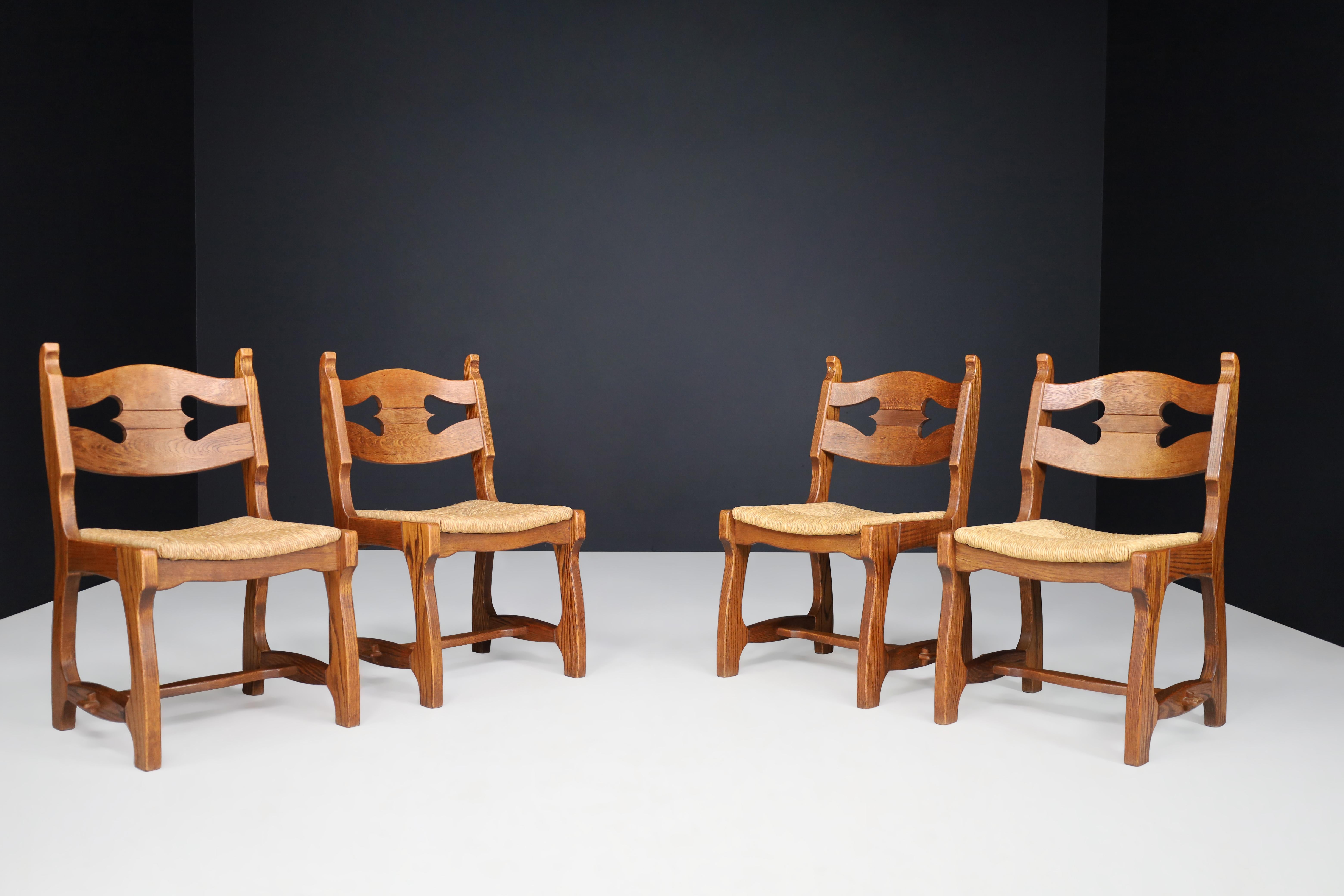 Sculptural Oak and Rush Dining Chairs, France, 1960s For Sale 5
