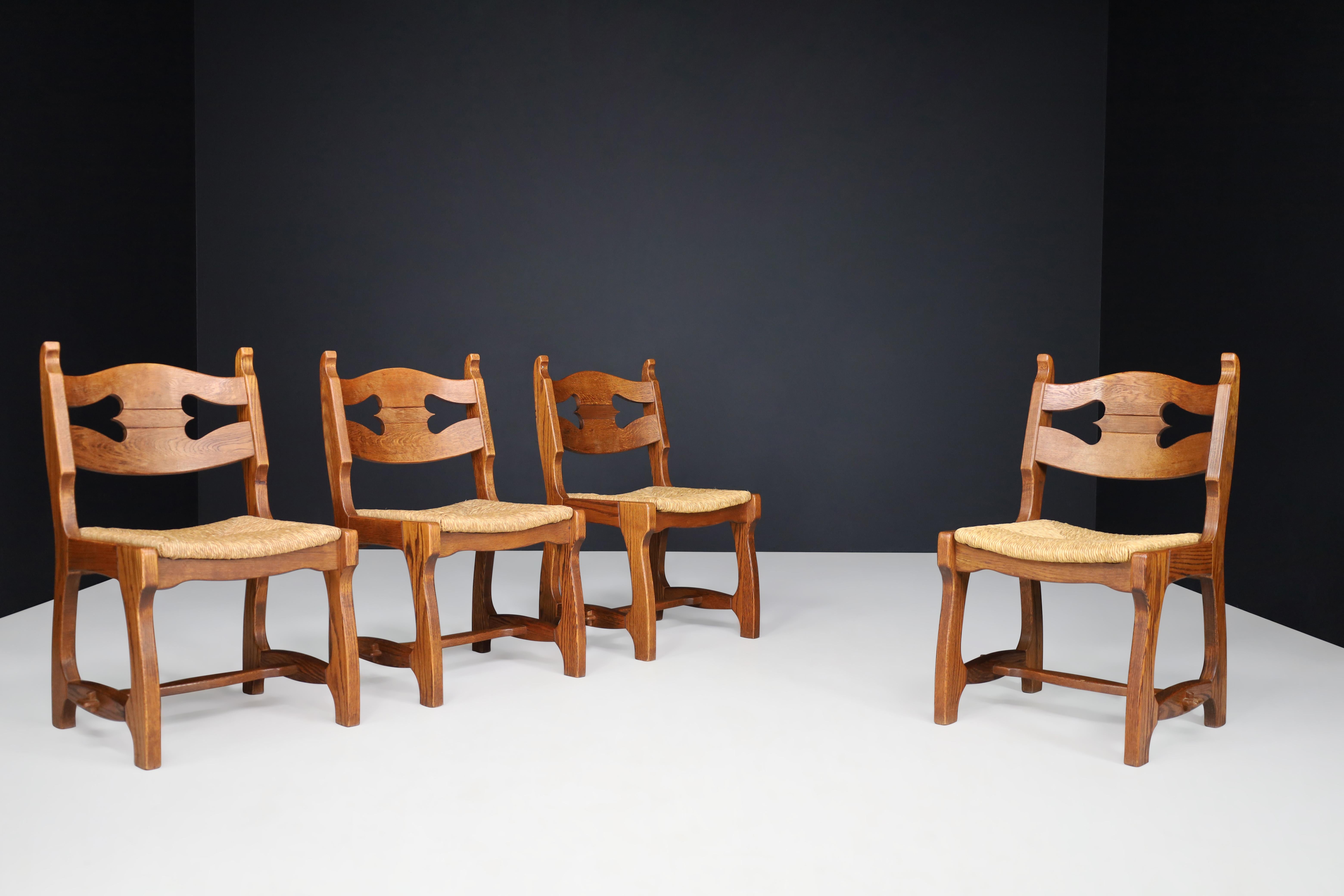Sculptural Oak and Rush Dining Chairs, France, 1960s For Sale 6