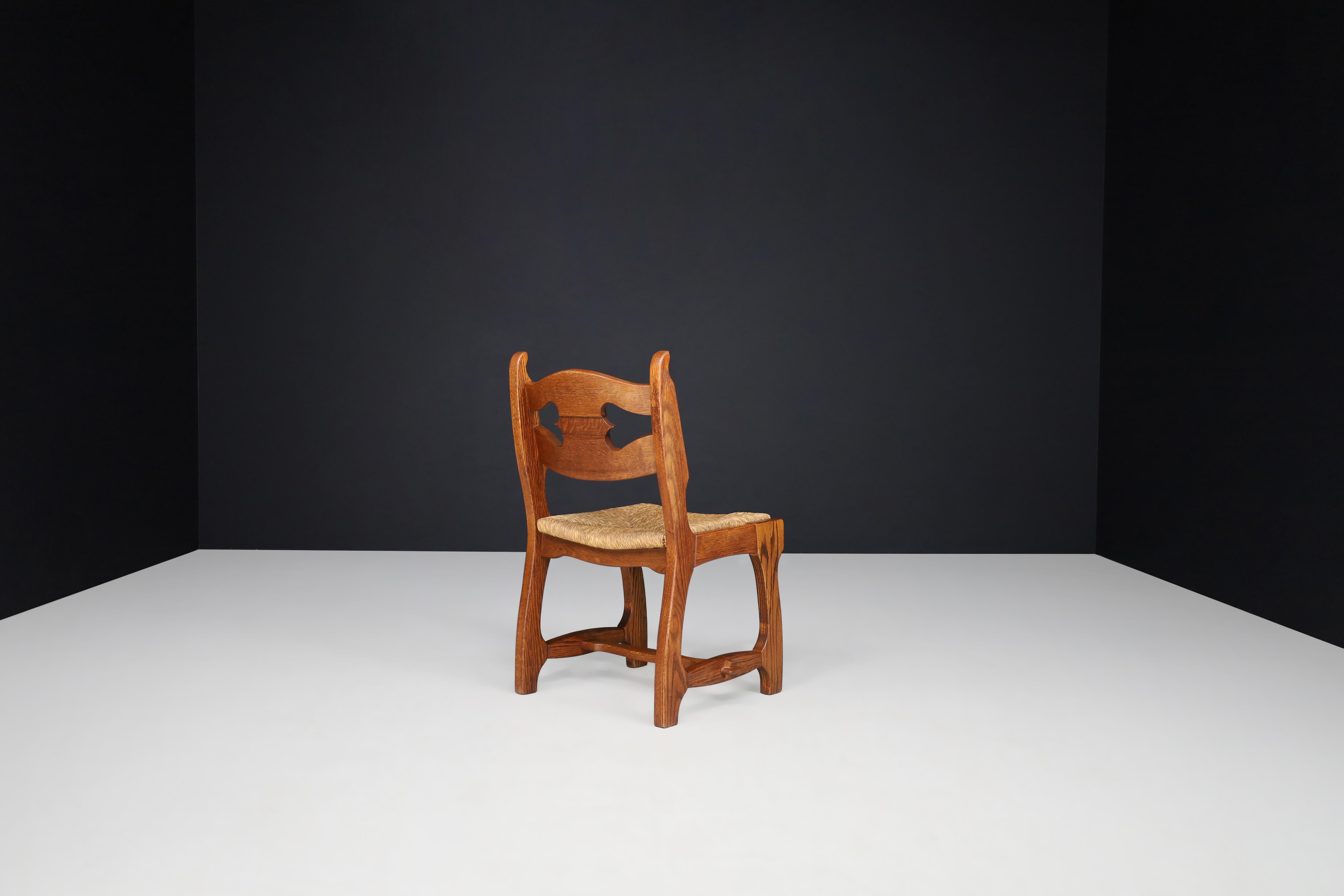 20th Century Sculptural Oak and Rush Dining Chairs, France, 1960s For Sale