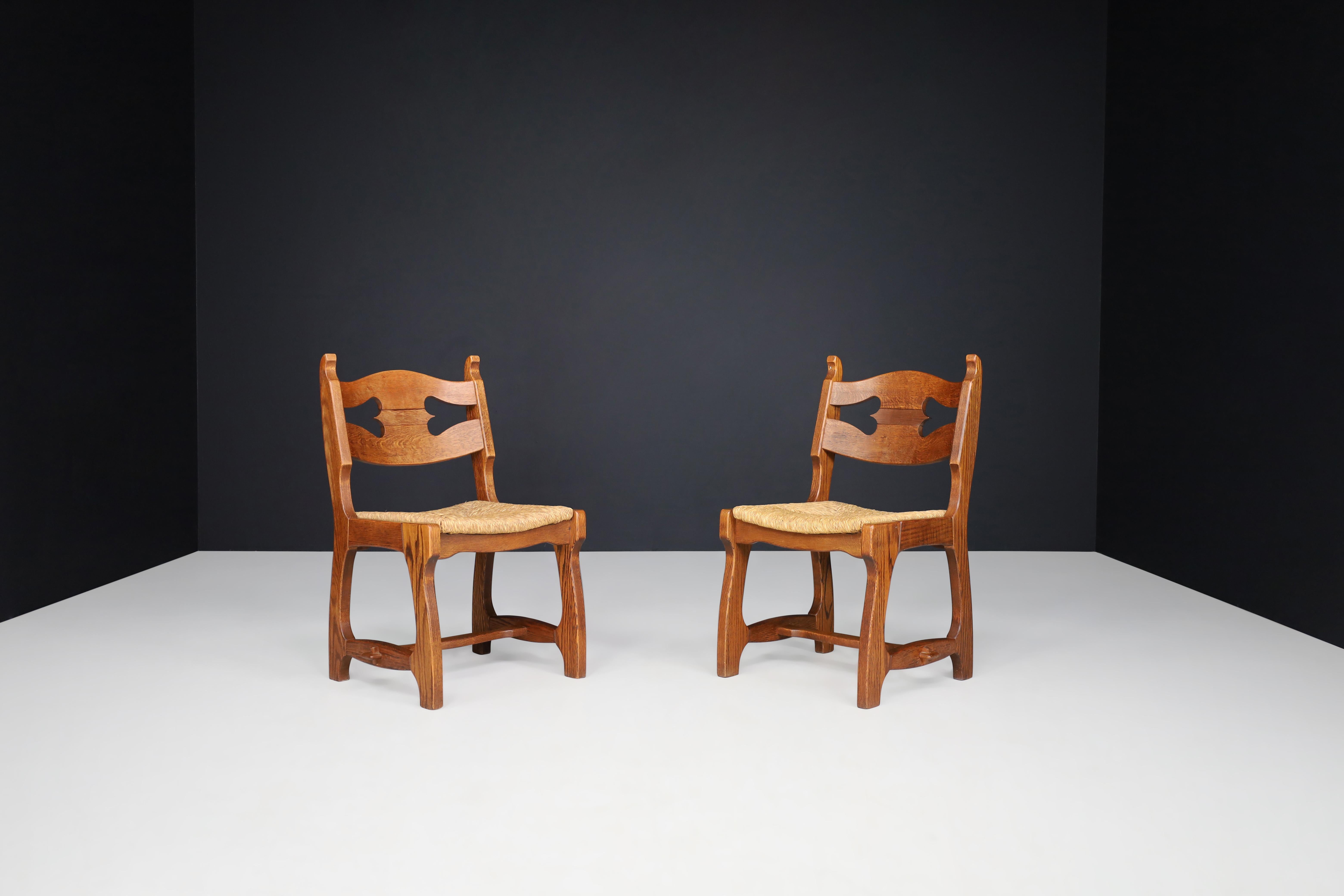 Sculptural Oak and Rush Dining Chairs, France, 1960s For Sale 3