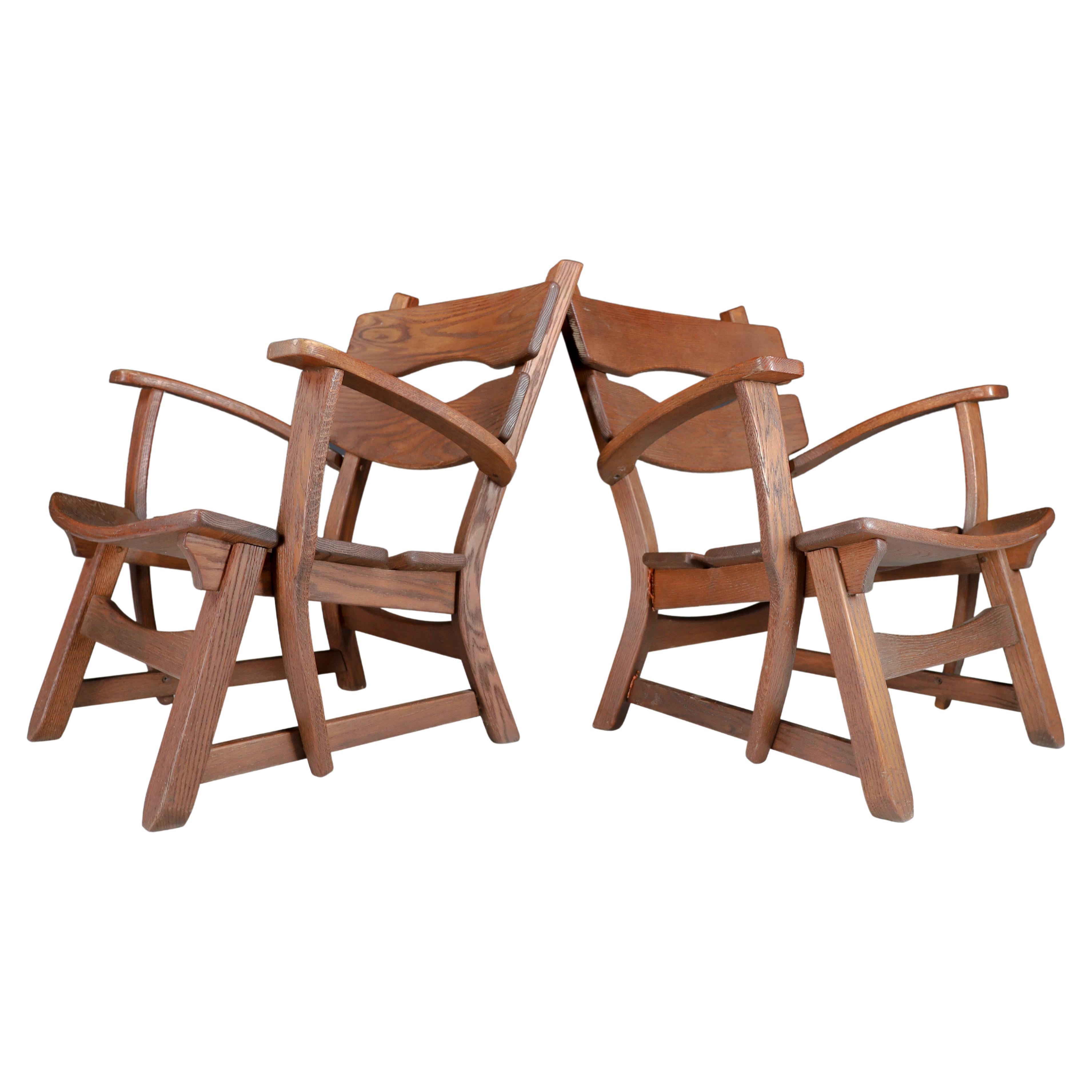 Sculptural Oak Armchairs Manufactured and Designed in France, 1960s