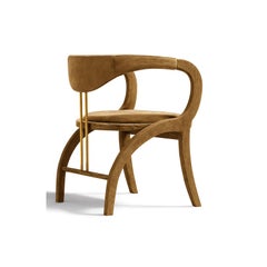 Sculptural Oak Dining Chair with Velvet Upholstery and Metal Accent