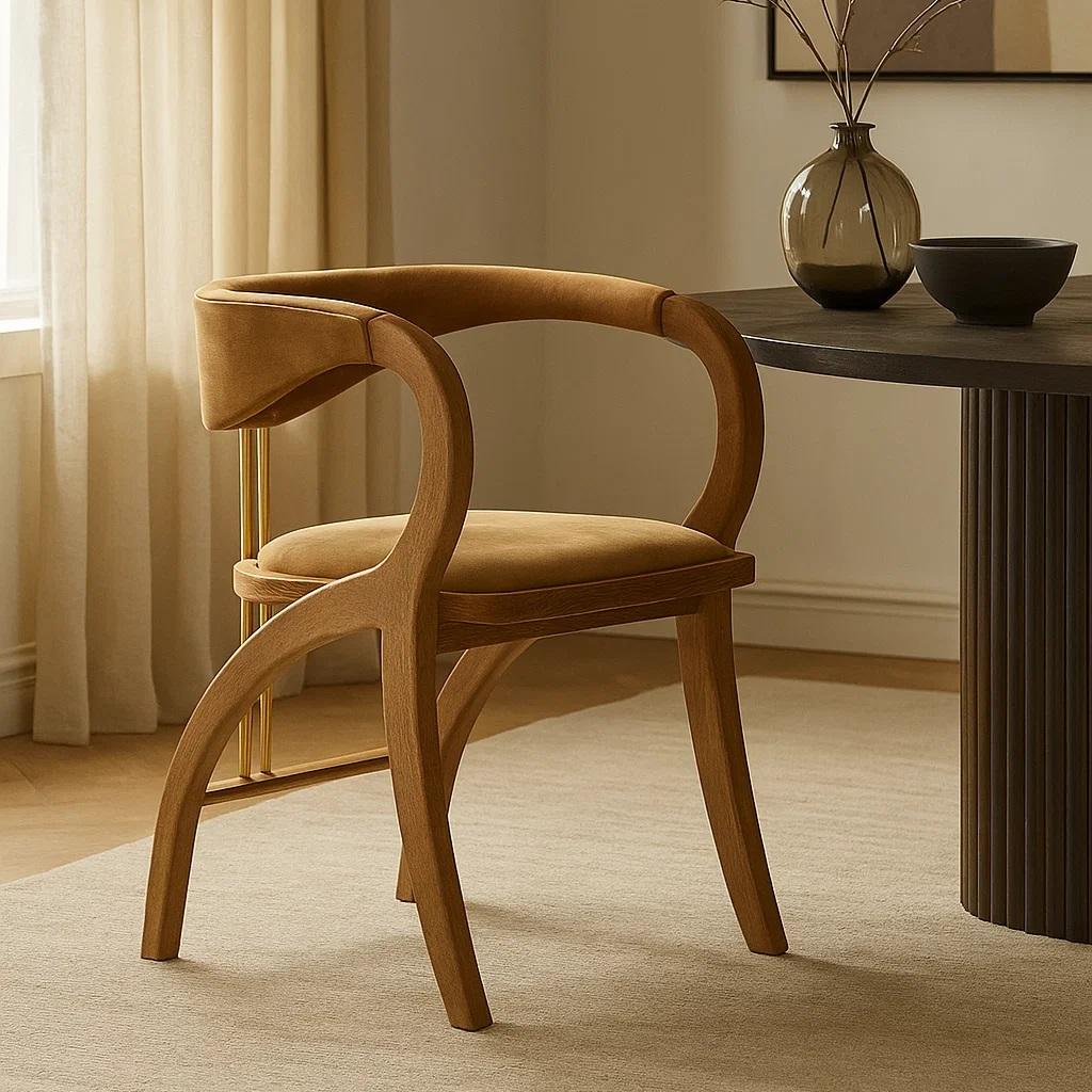 Portoghese Sedia da pranzo scultorea in Oak con rivestimento in velluto e accenti in metallo in vendita