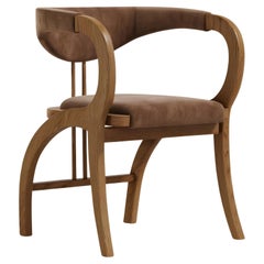 Sculptural Oak Dining Chair with Velvet Upholstery and Metal Accent
