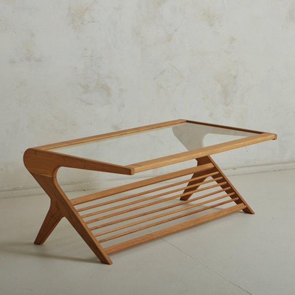 Mid-Century Modern Sculptural Oak + Glass Coffee Table, France 1970s For Sale